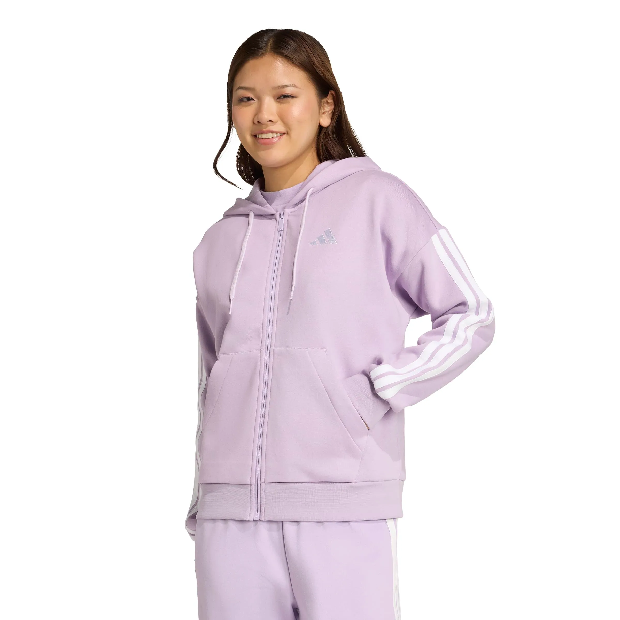 Adidas Women's Essentials 3-Stripes Full-Zip Fleece Hoodie - Powder Plum/White - L - immagine 3
