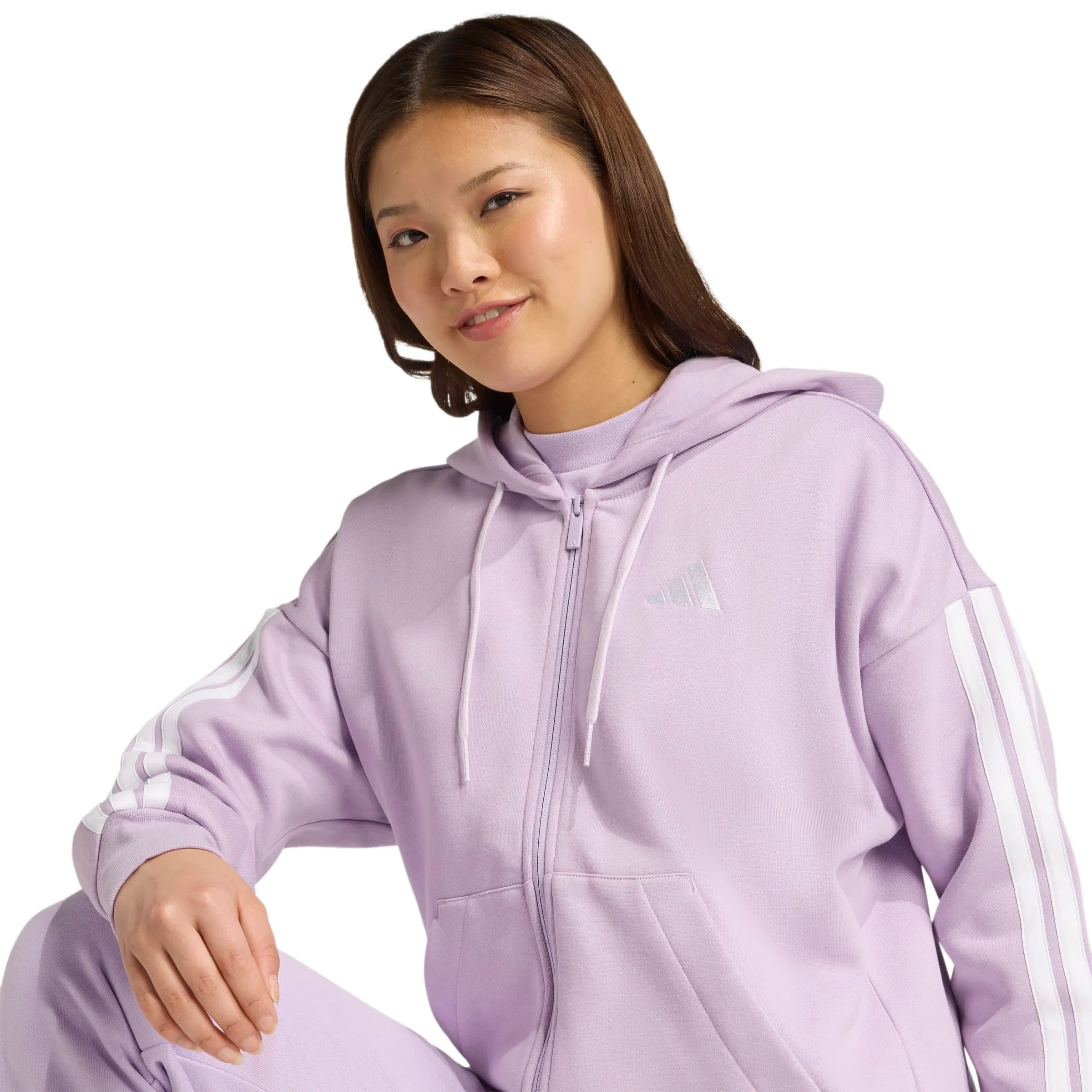 Adidas Women's Essentials 3-Stripes Full-Zip Fleece Hoodie - Powder Plum/White - L - immagine 5