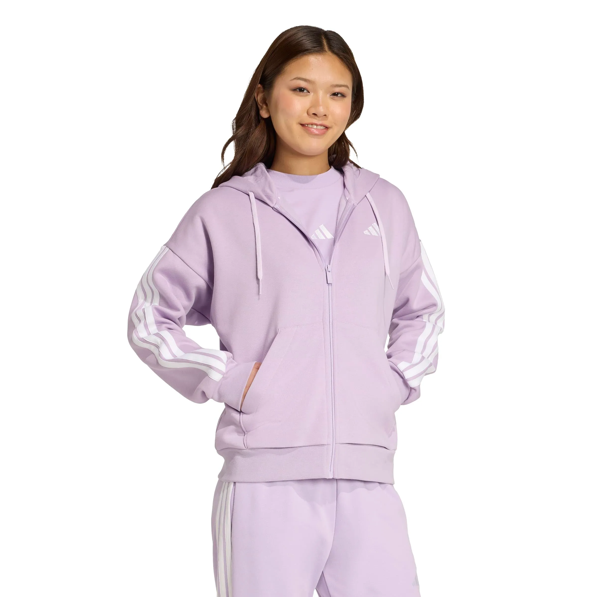 Adidas Women's Essentials 3-Stripes Full-Zip Fleece Hoodie - Powder Plum/White - L - immagine 6