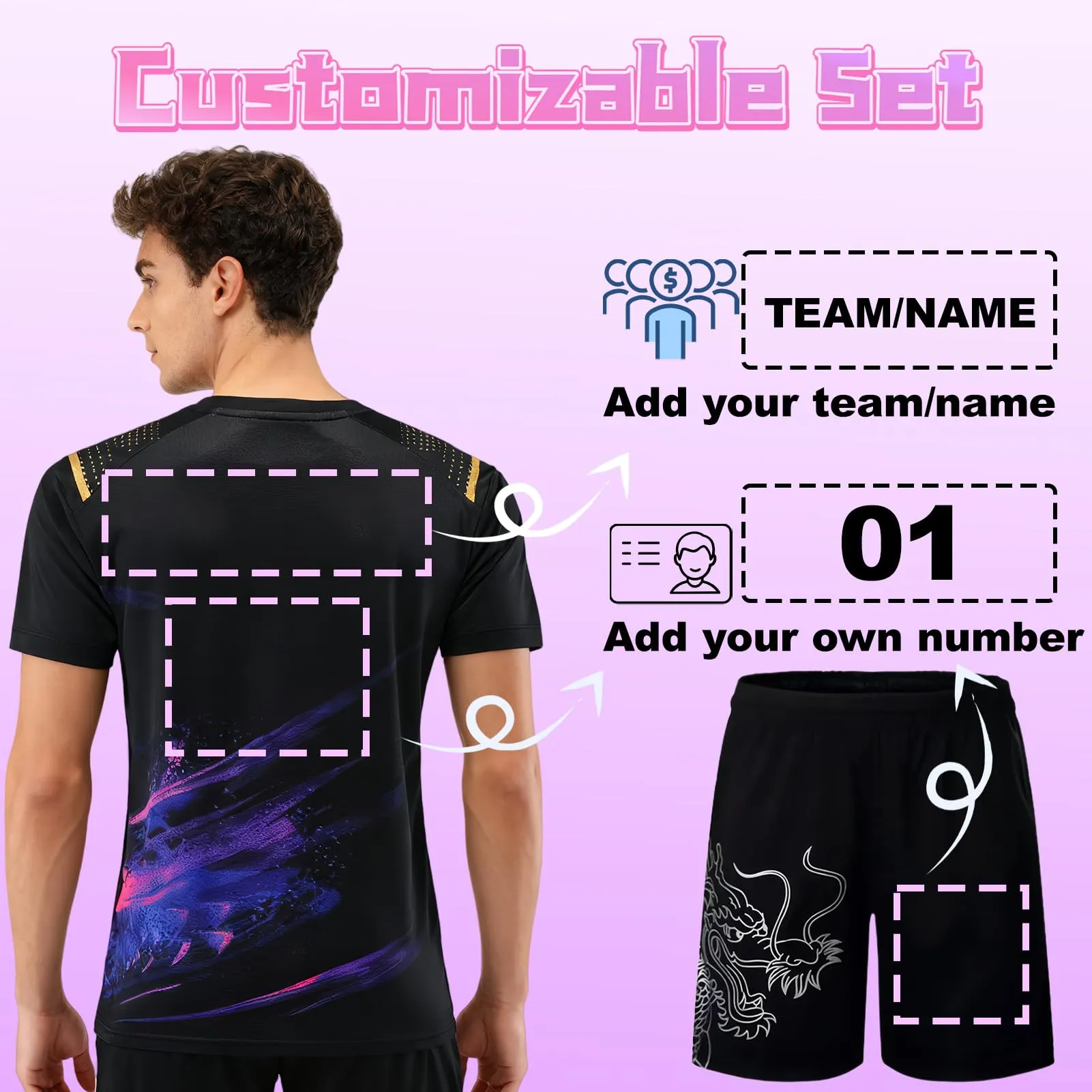 PSKJHN Completo Sportivo Ping Pong Personalizzabile, Maglietta e Pantaloncini in Poliestere Traspirante, Nero, M - immagine 2