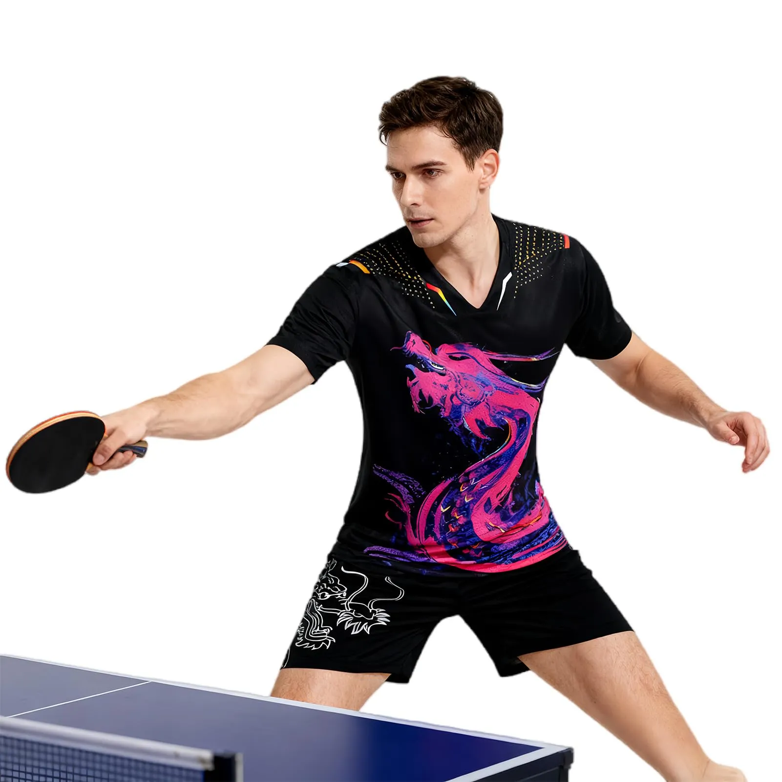PSKJHN Completo Sportivo Ping Pong Personalizzabile Maglietta e Pantaloncini in Poliestere Traspirante per Uomo e Donna, Black, L - immagine 7
