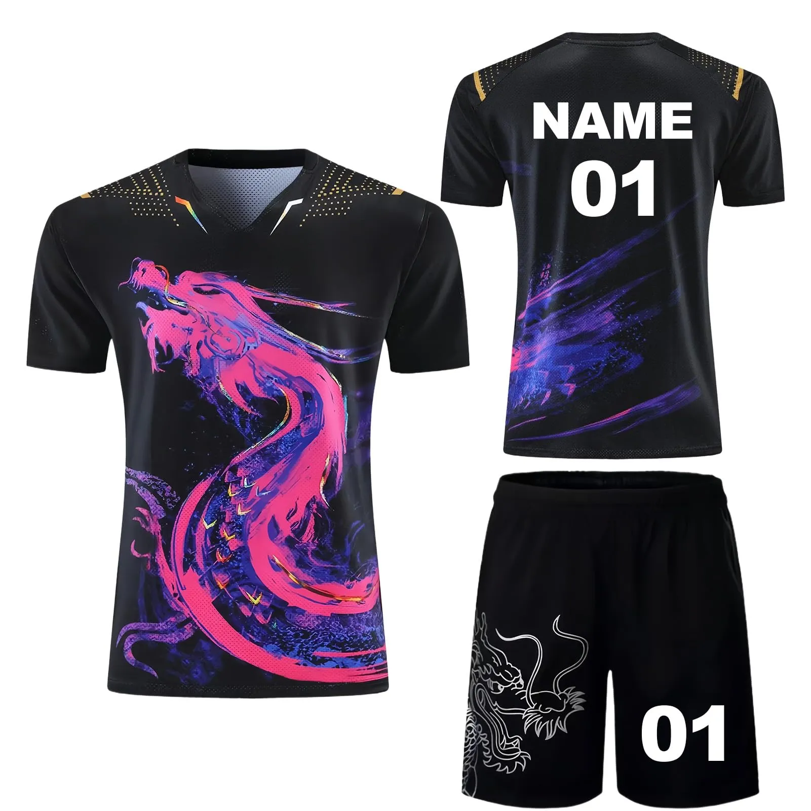 PSKJHN Completo Sportivo Ping Pong Personalizzabile, Maglietta e Pantaloncini in Poliestere Traspirante, Women Black, 3XL - immagine 1