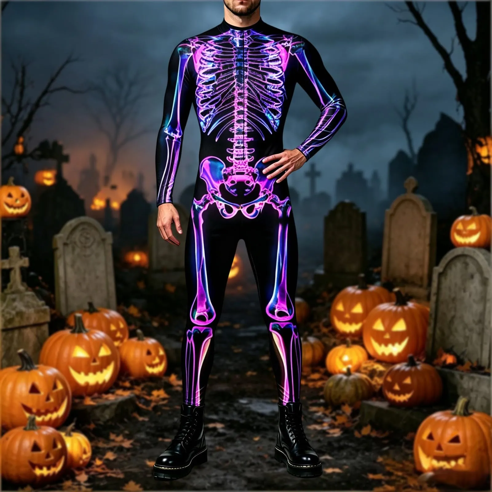 Vhersily Tuta da Donna con Stampa Scheletro 3D Costume Cosplay Halloween Slim Fit - immagine 2