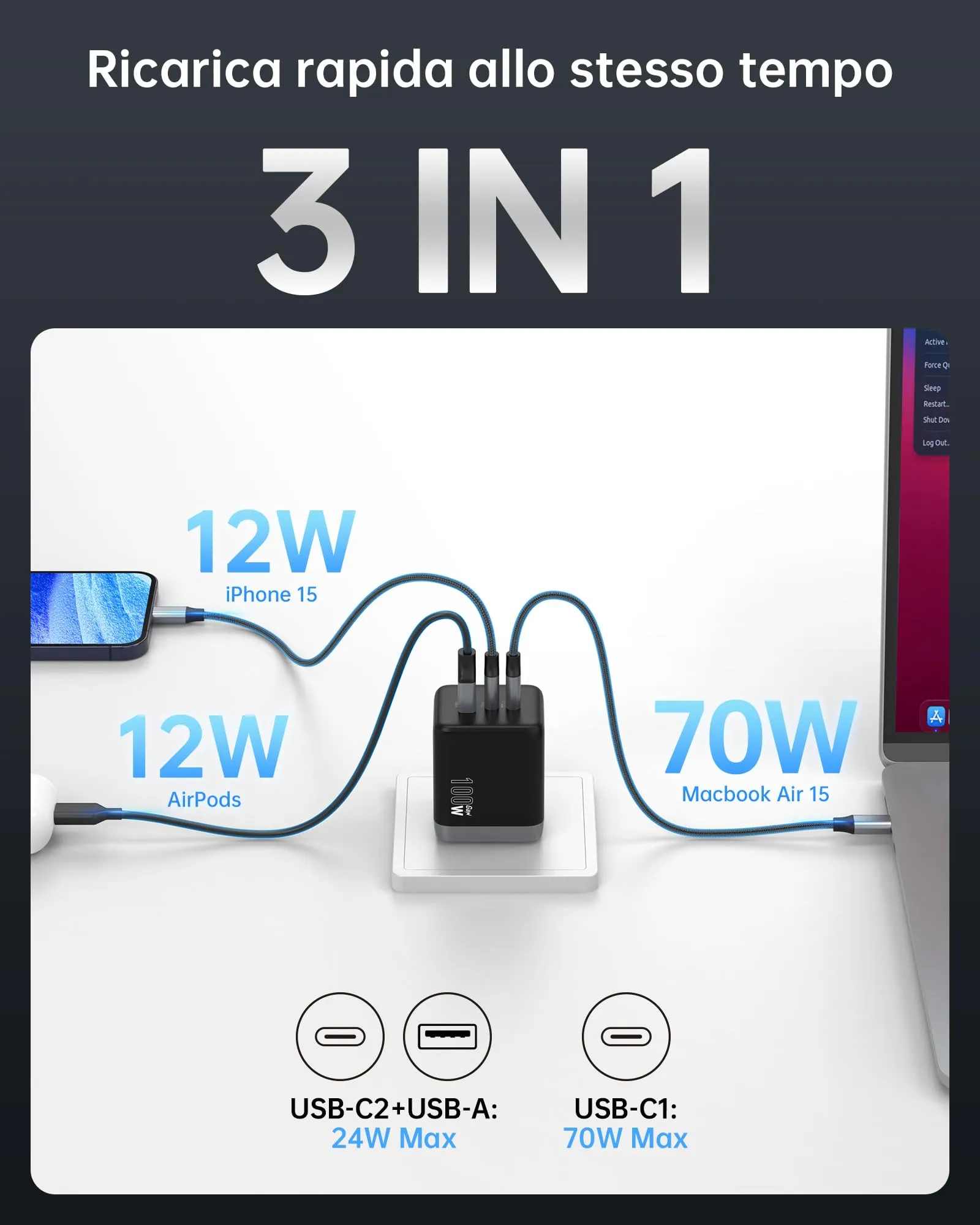 NOVOO Caricatore USB-C 100W GaN III, 3 Porte, con Cavo USB-C PD - immagine 2