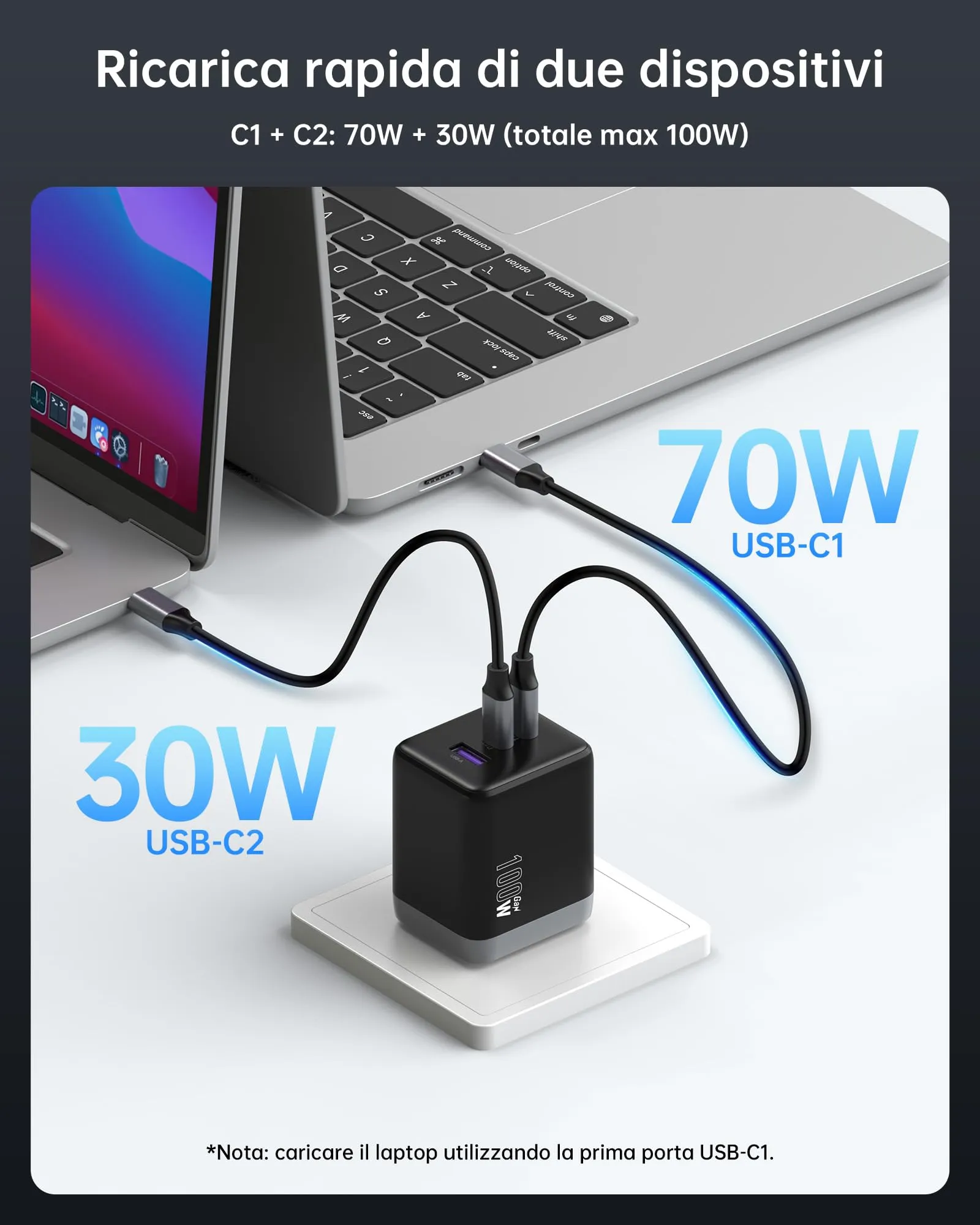 NOVOO Caricatore USB-C 100W GaN III, 3 Porte, con Cavo USB-C PD - immagine 4
