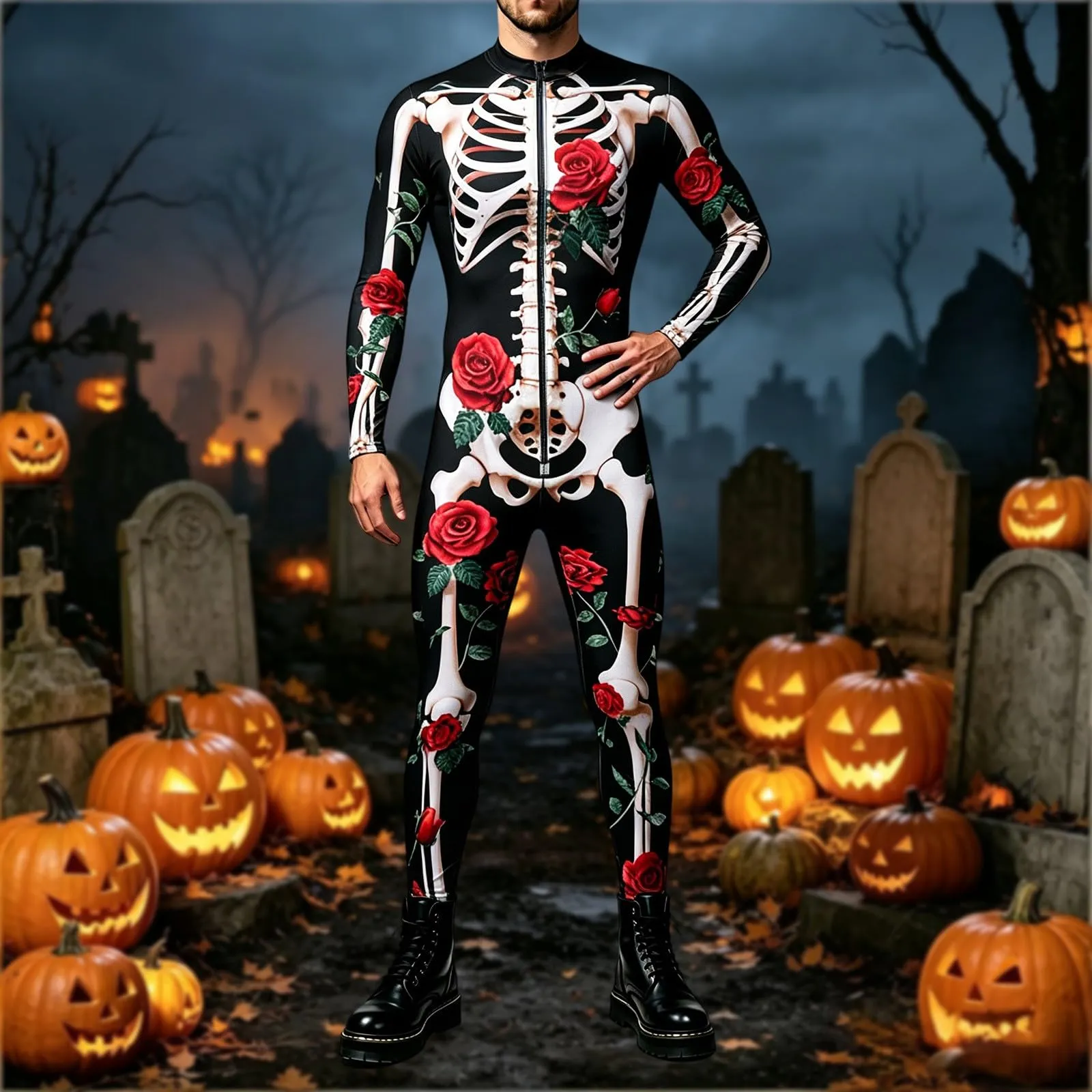 Vhersily Tuta da Donna con Stampa Scheletro 3D Costume Cosplay Halloween Leggings Slim Fit - immagine 2