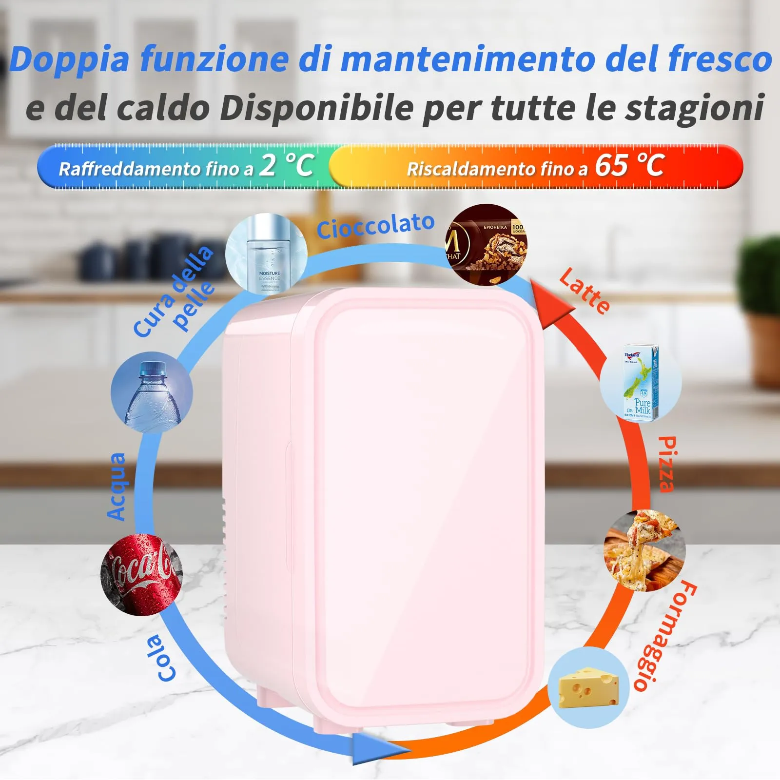 YASHE Mini Frigorifero Termoelettrico 6 Litri, AC/DC 220-240V, Rosa - immagine 3