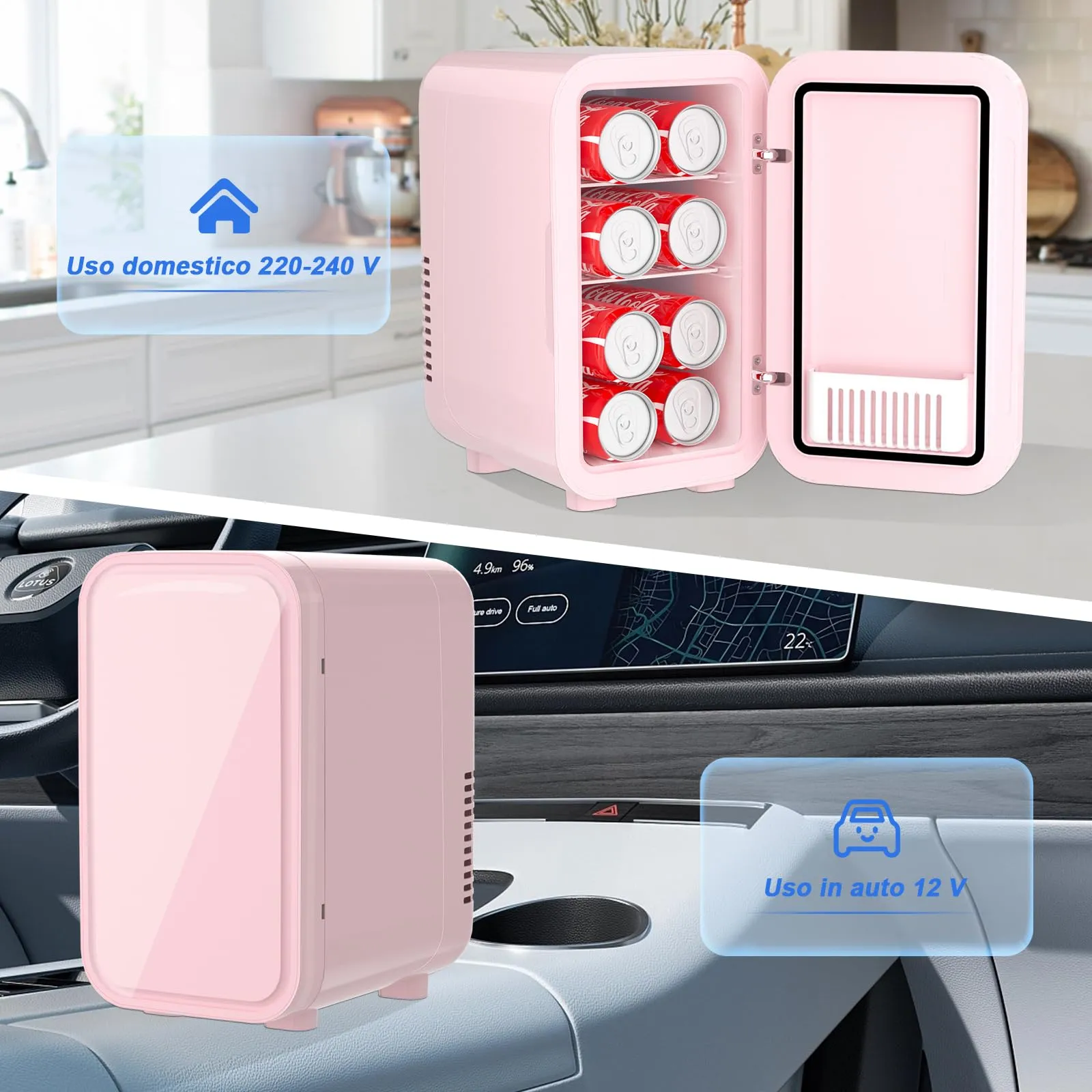 YASHE Mini Frigorifero Termoelettrico 6 Litri, AC/DC 220-240V, Rosa - immagine 5