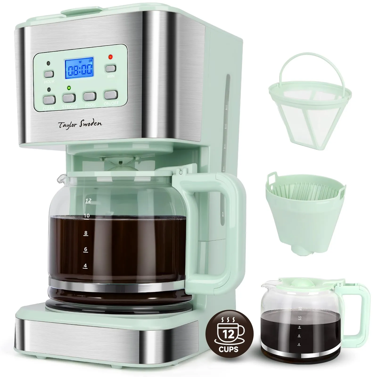 Taylor Swoden Macchina Caffè Americano 12 Tazze, Timer 24 Ore, Filtro Riutilizzabile, Sistema Anti-Goccia, 950W, Verde - immagine 1