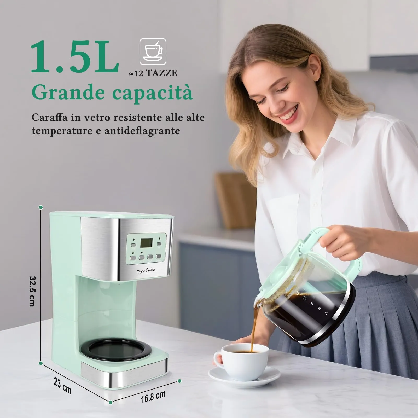 Taylor Swoden Macchina Caffè Americano 12 Tazze, Timer 24 Ore, Filtro Riutilizzabile, Sistema Anti-Goccia, 950W, Verde - immagine 2