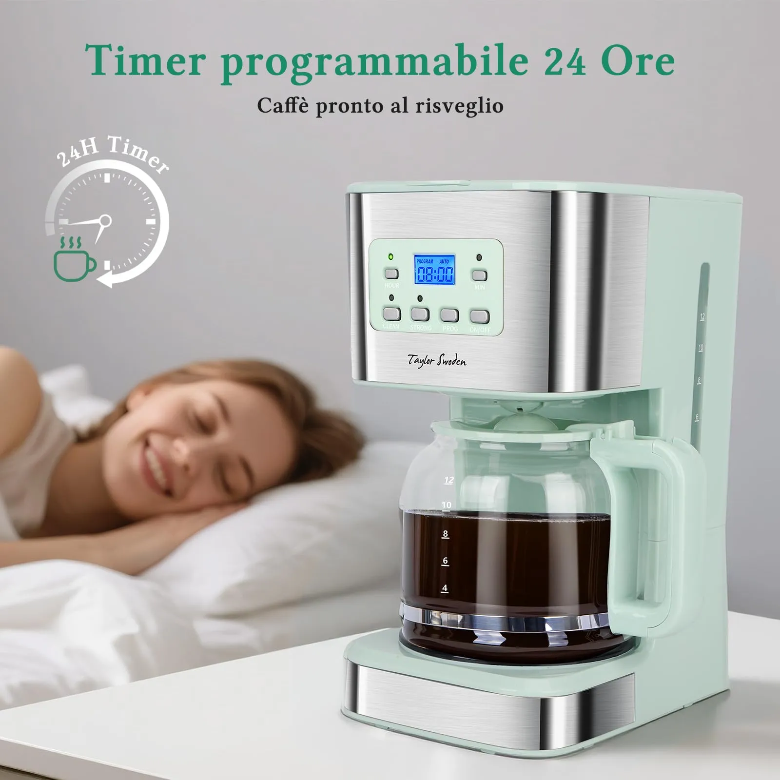 Taylor Swoden Macchina Caffè Americano 12 Tazze, Timer 24 Ore, Filtro Riutilizzabile, Sistema Anti-Goccia, 950W, Verde - immagine 3