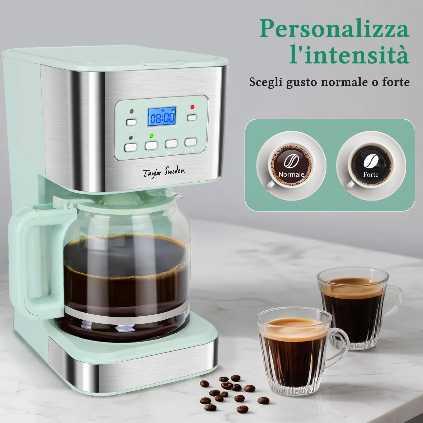 Taylor Swoden Macchina Caffè Americano 12 Tazze, Timer 24 Ore, Filtro Riutilizzabile, Sistema Anti-Goccia, 950W, Verde - immagine 4