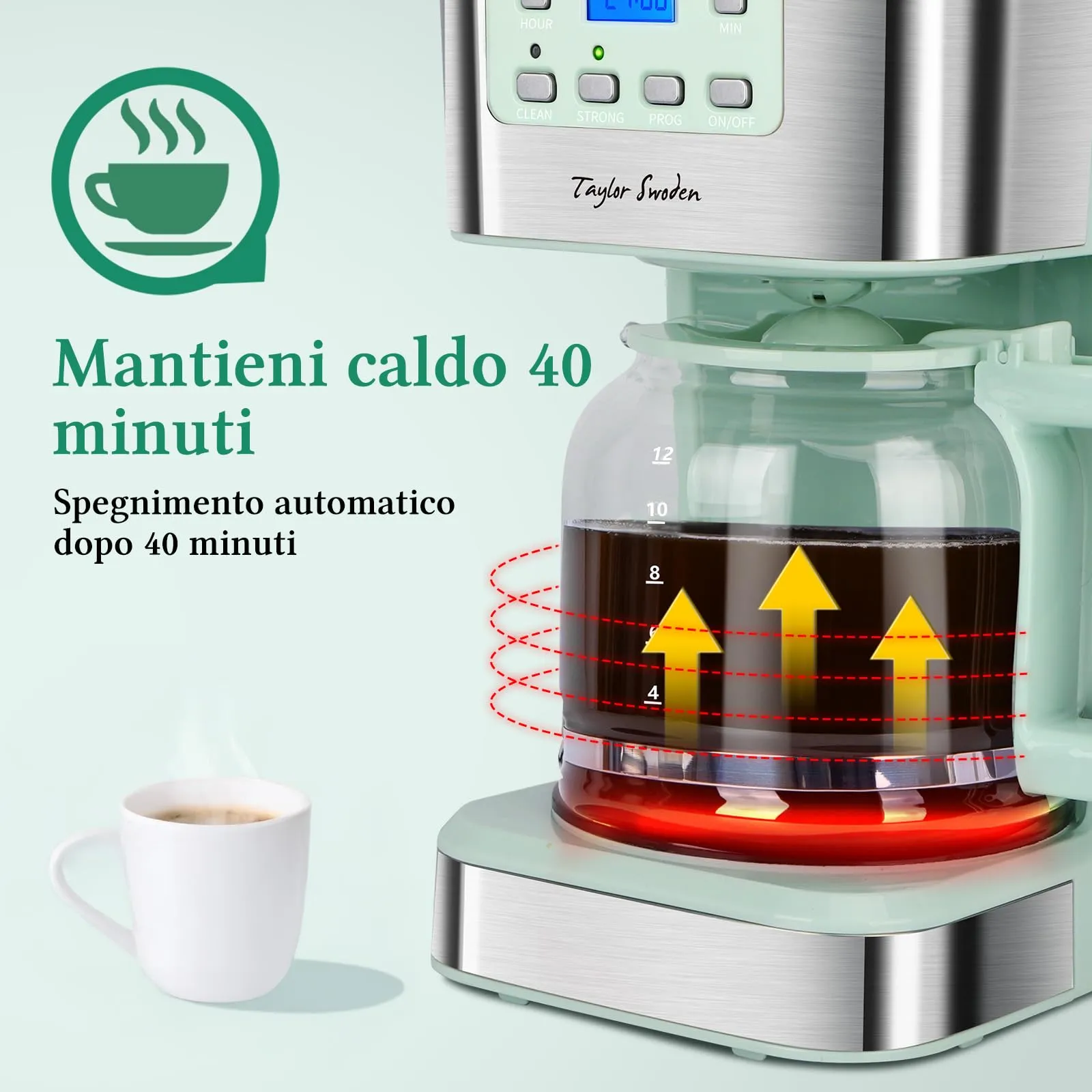 Taylor Swoden Macchina Caffè Americano 12 Tazze, Timer 24 Ore, Filtro Riutilizzabile, Sistema Anti-Goccia, 950W, Verde - immagine 5