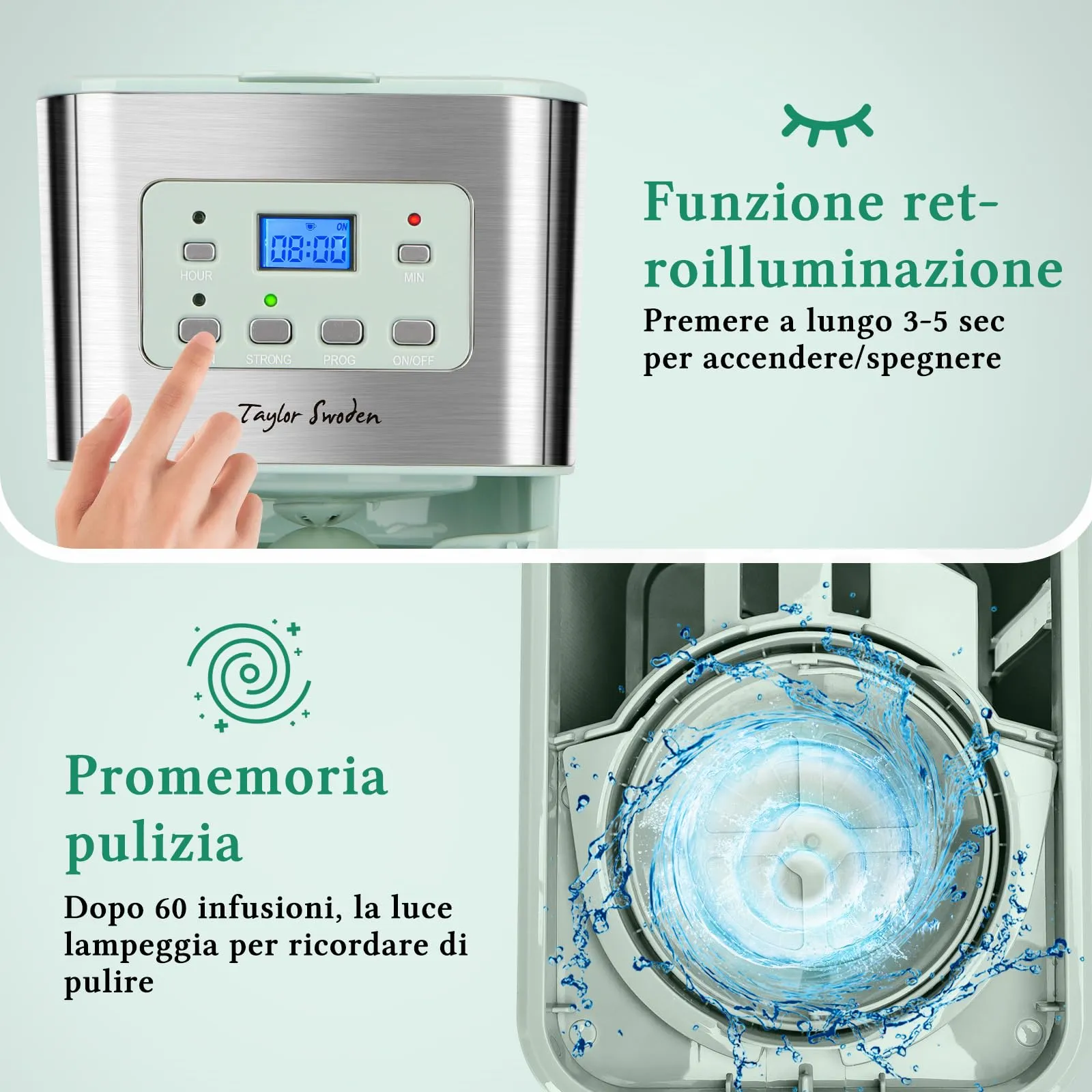 Taylor Swoden Macchina Caffè Americano 12 Tazze, Timer 24 Ore, Filtro Riutilizzabile, Sistema Anti-Goccia, 950W, Verde - immagine 6