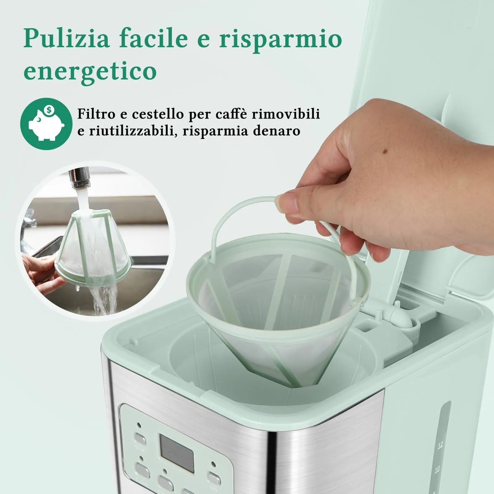 Taylor Swoden Macchina Caffè Americano 12 Tazze, Timer 24 Ore, Filtro Riutilizzabile, Sistema Anti-Goccia, 950W, Verde - immagine 8