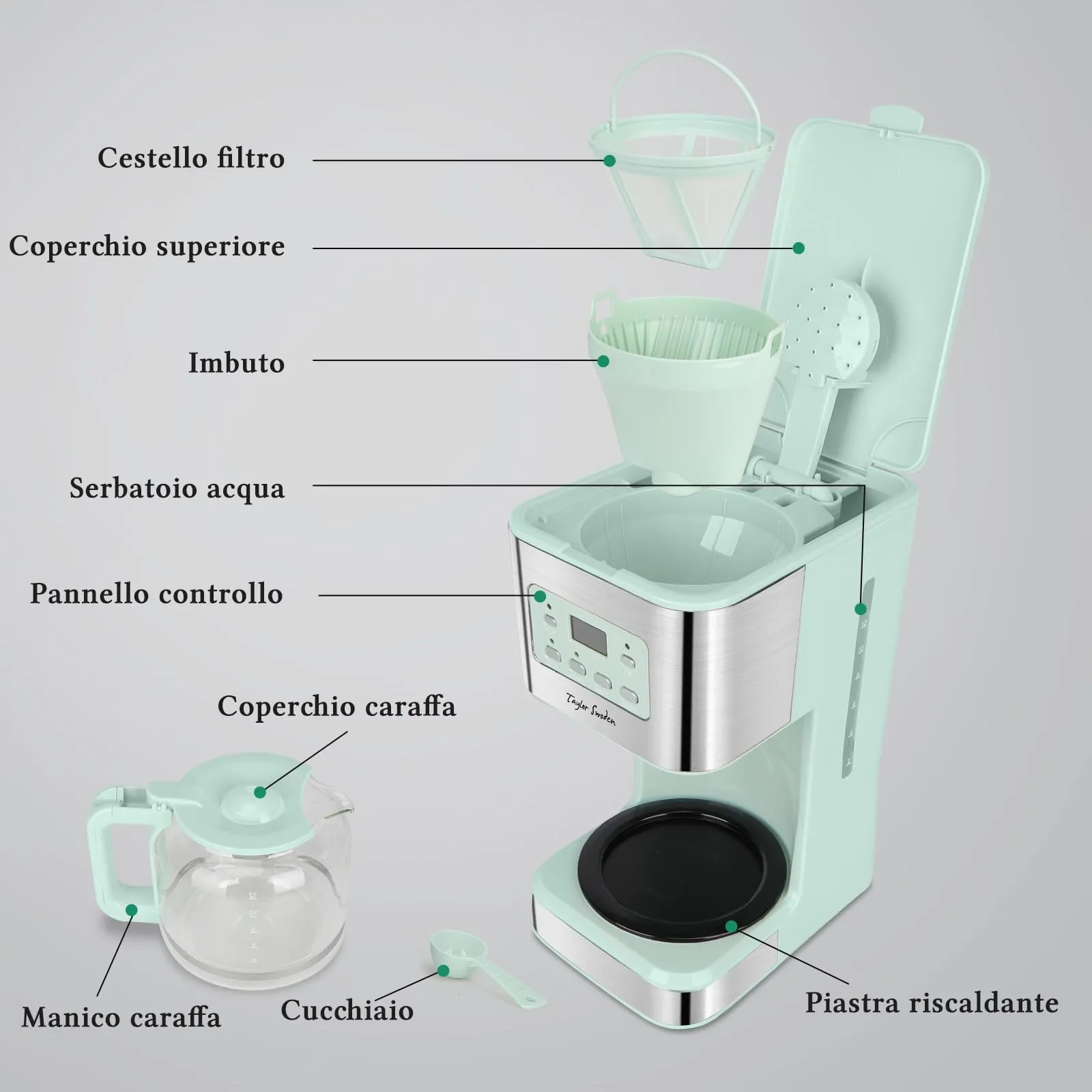 Taylor Swoden Macchina Caffè Americano 12 Tazze, Timer 24 Ore, Filtro Riutilizzabile, Sistema Anti-Goccia, 950W, Verde - immagine 10