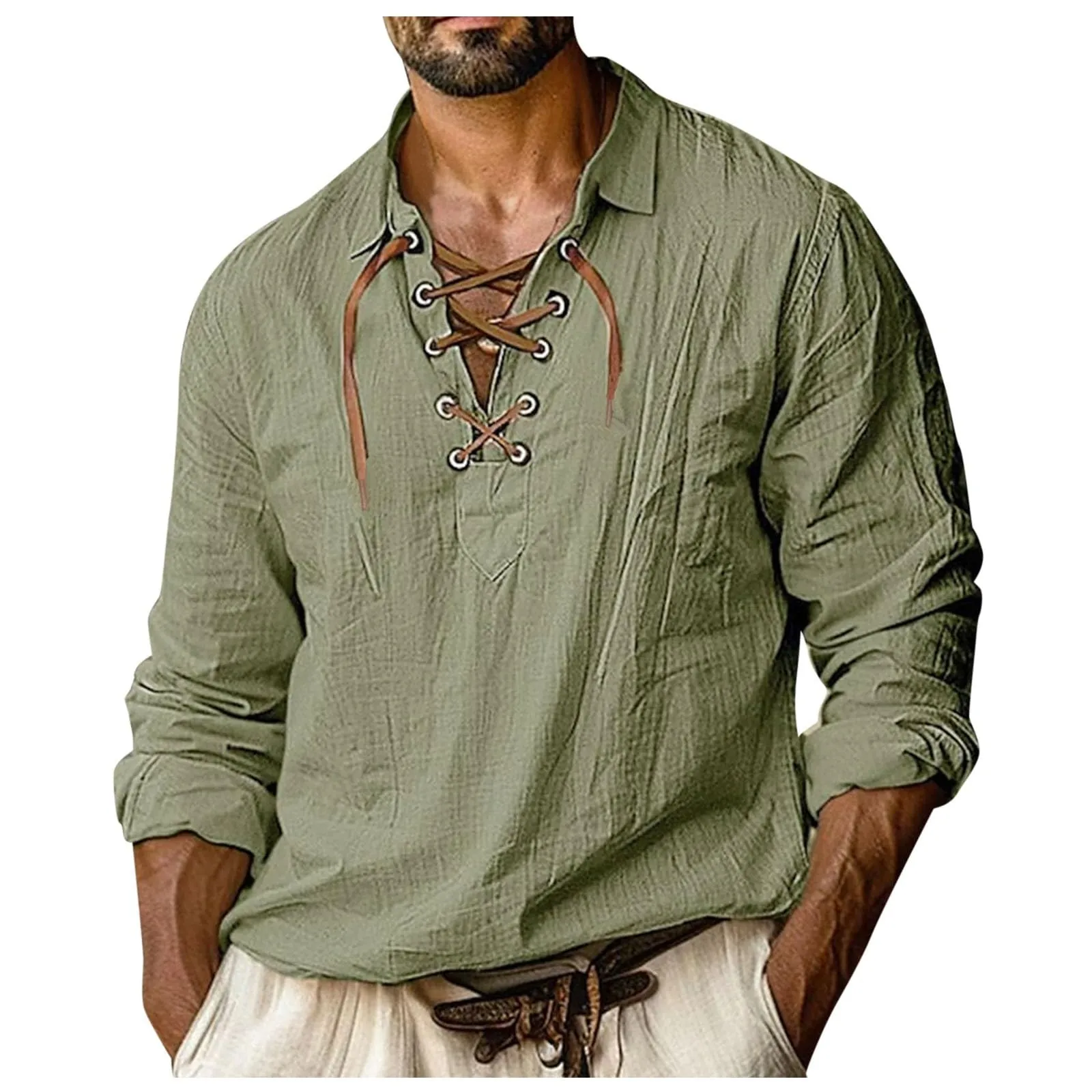 Duohropke Camicia in lino da uomo a maniche lunghe tinta unita verde, L - immagine 1
