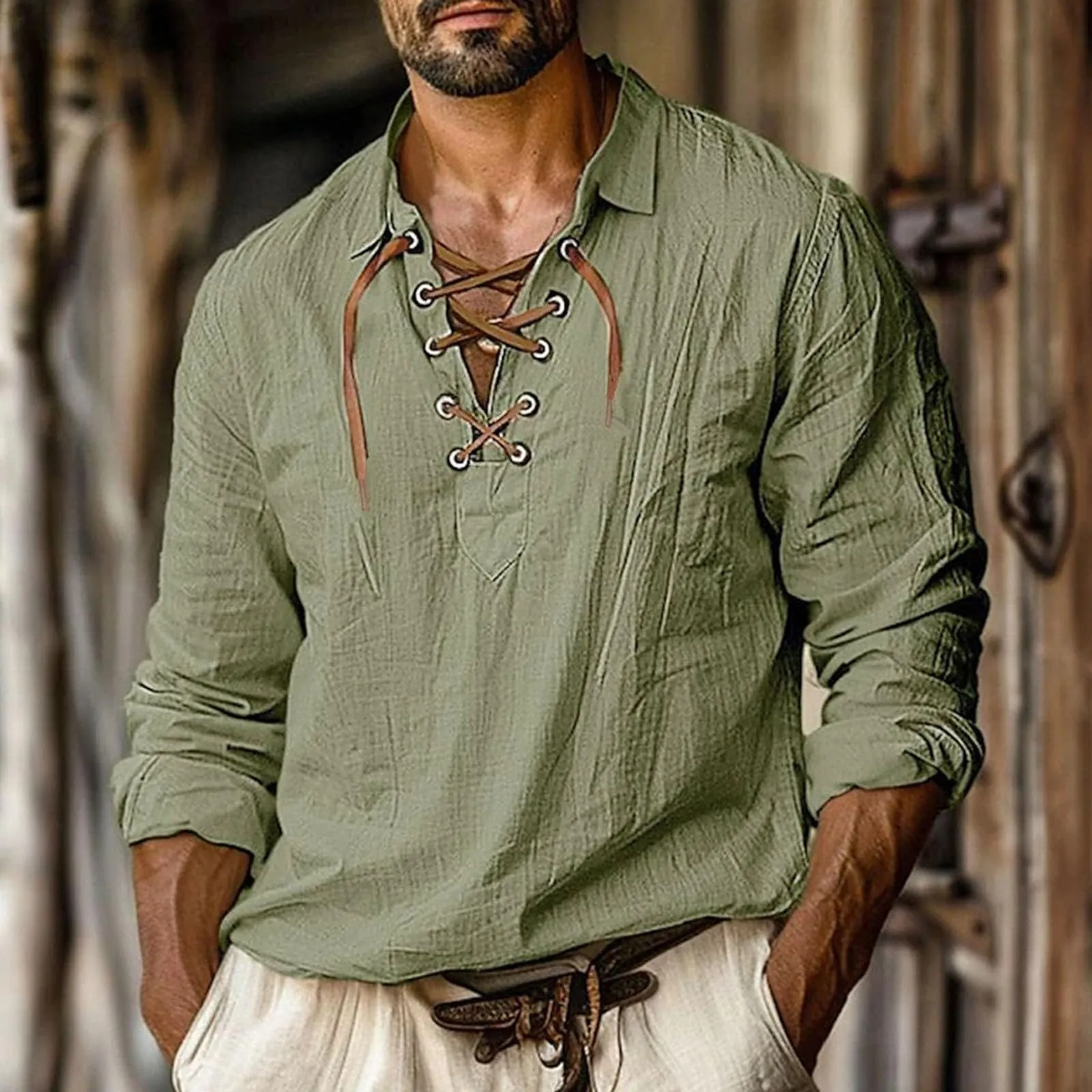 Duohropke Camicia in lino da uomo a maniche lunghe tinta unita verde, L - immagine 2
