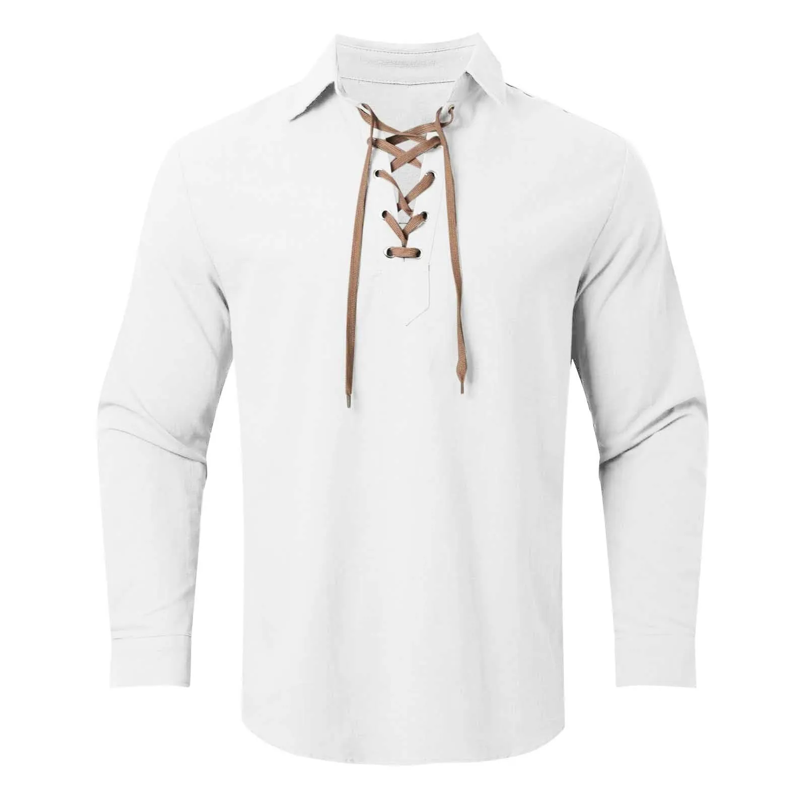 Duohropke Camicia in Lino da Uomo a Maniche Lunghe, Tinta Unita, Bianco - immagine 5