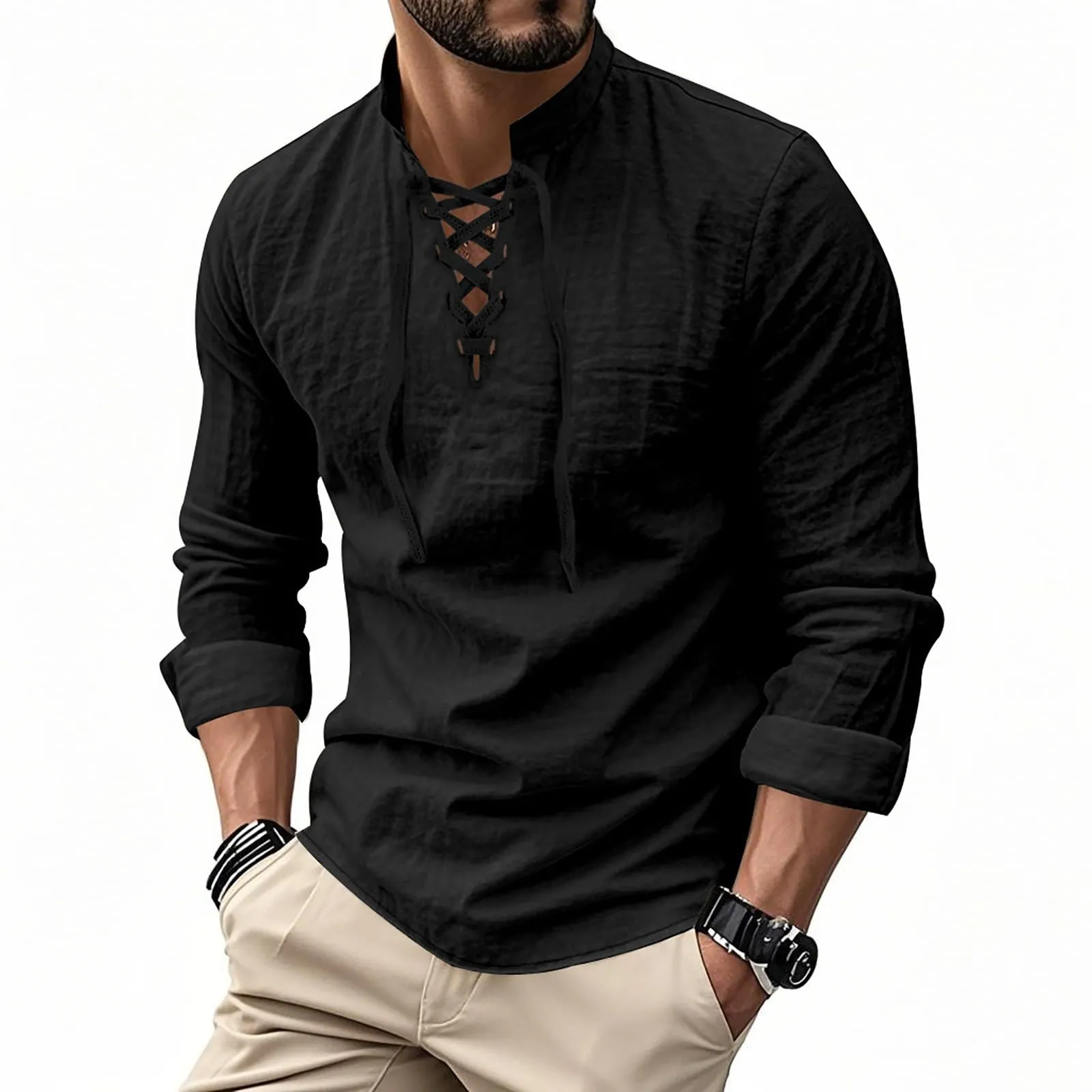 Duohropke Camicia da uomo in lino a maniche lunghe stile Ghillie Kilt tinta unita - immagine 1