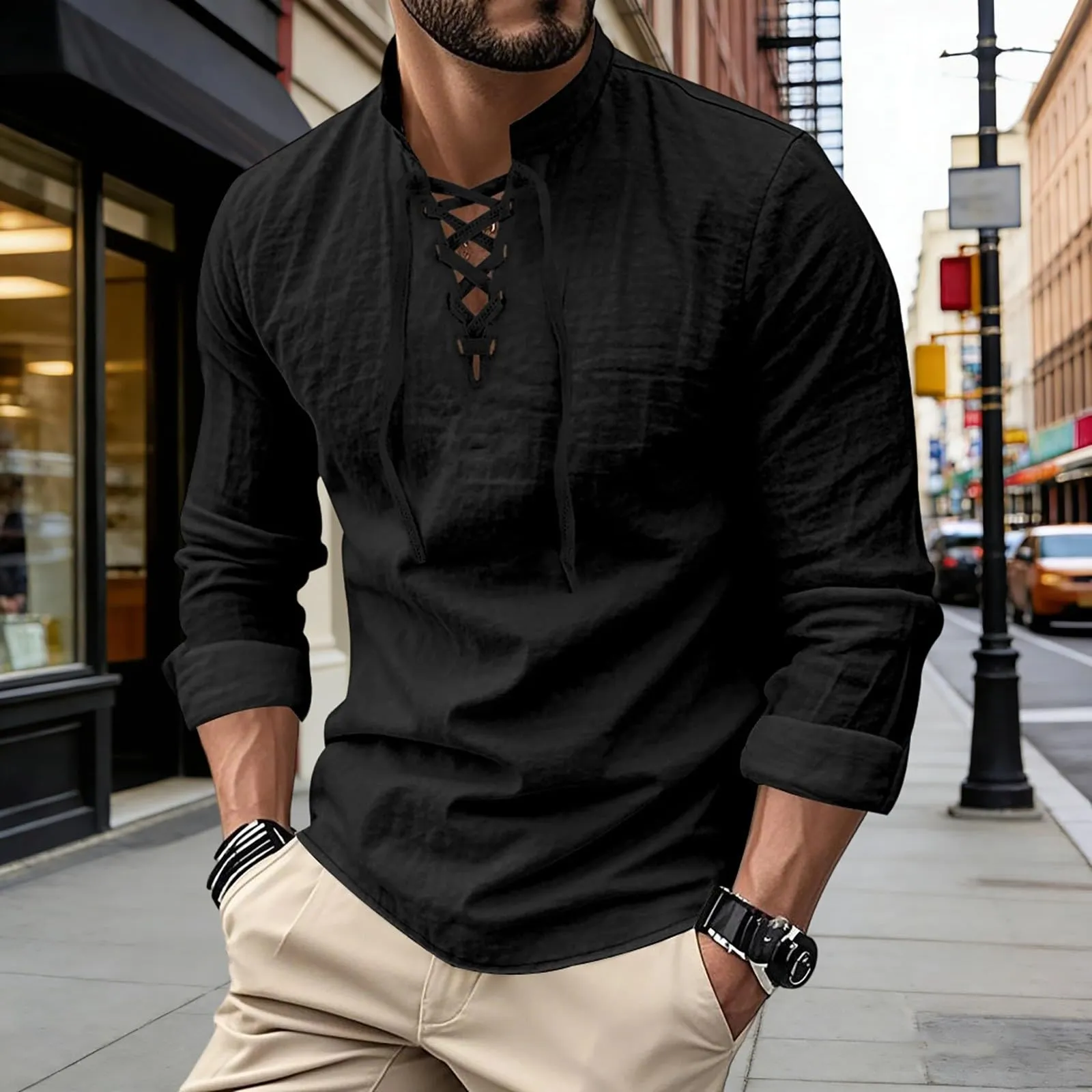 Duohropke Camicia da uomo in lino a maniche lunghe stile Ghillie Kilt tinta unita - immagine 2