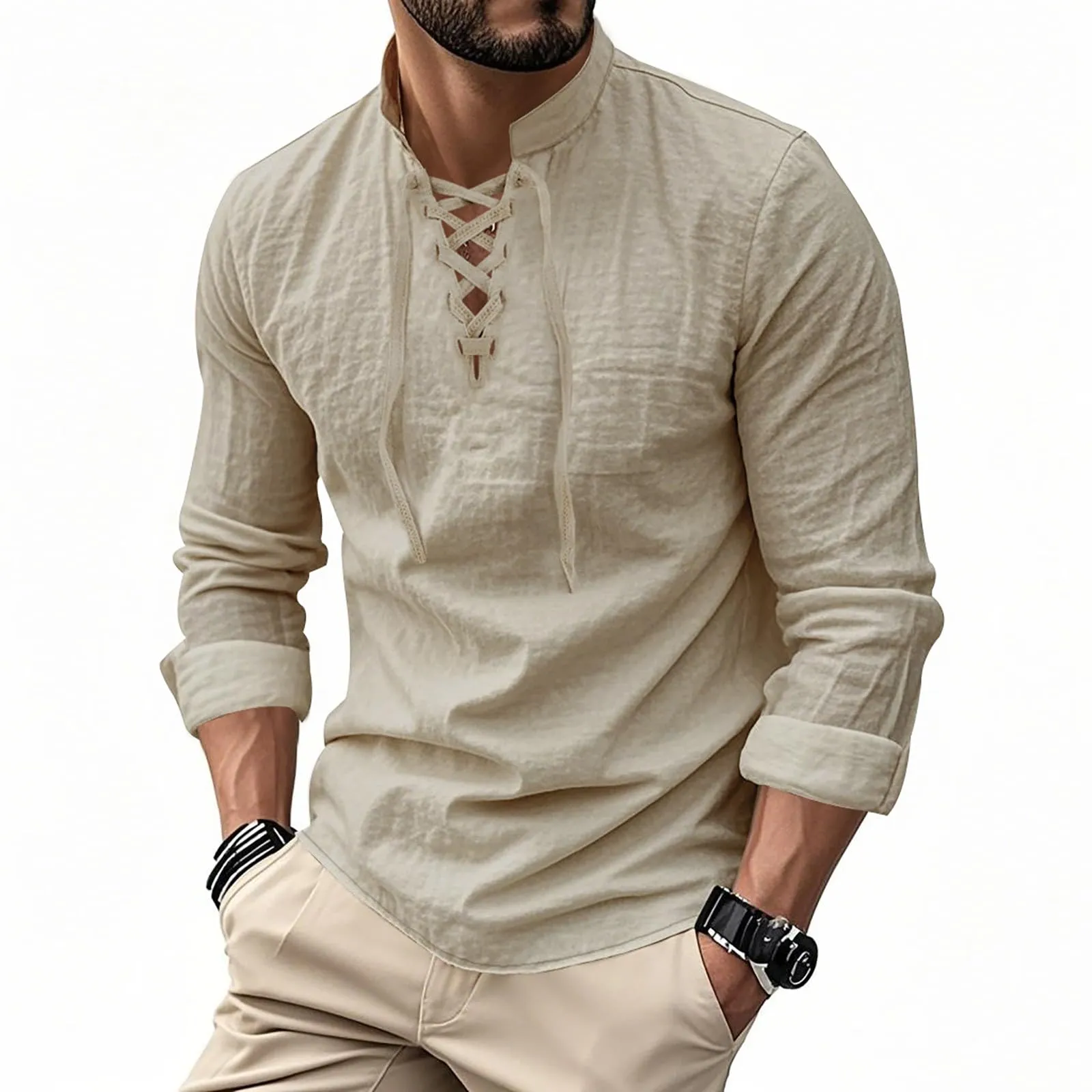 Duohropke Camicia da uomo in lino a maniche lunghe stile Ghillie Kilt tinta unita - immagine 1