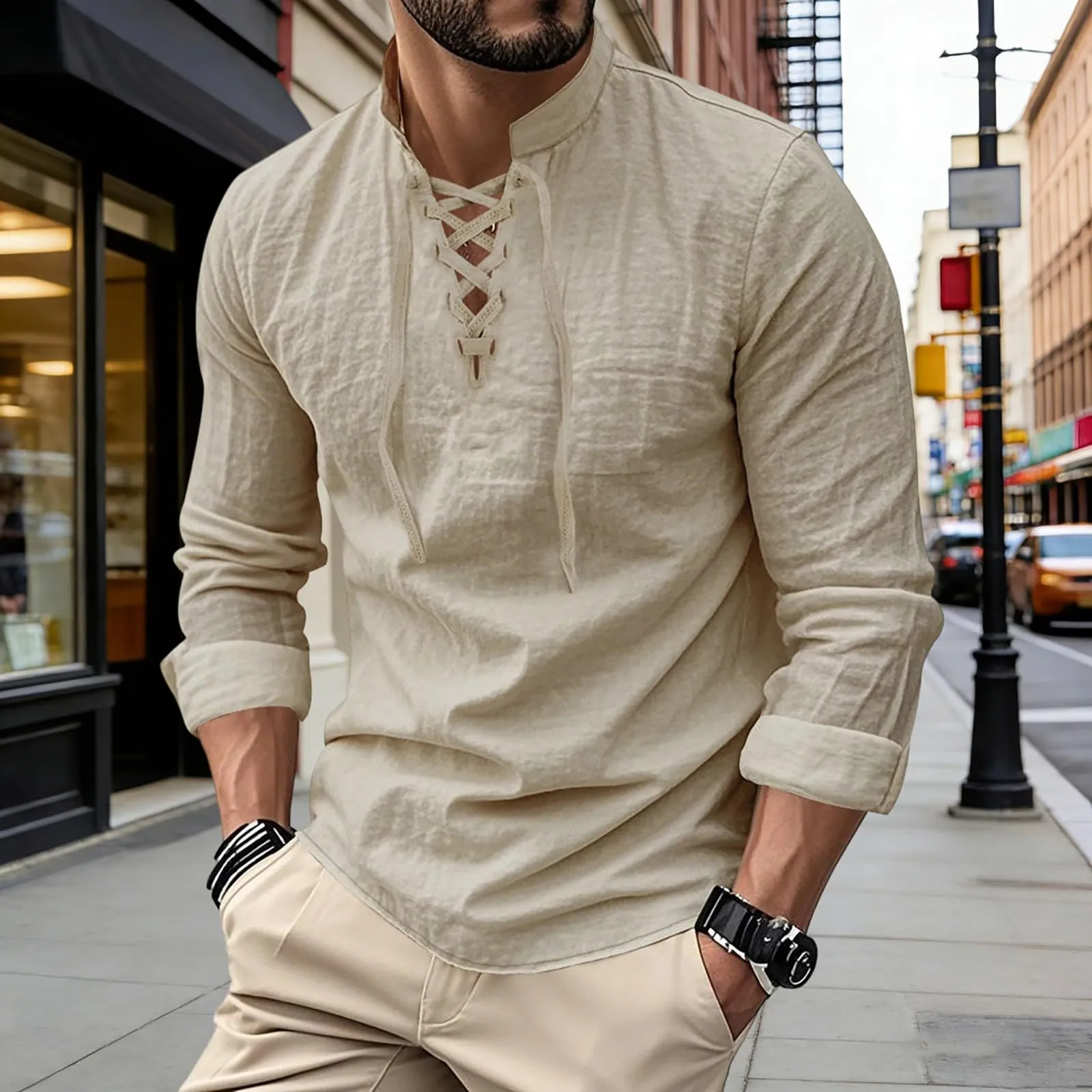 Duohropke Camicia da uomo in lino a maniche lunghe stile Ghillie Kilt tinta unita - immagine 2