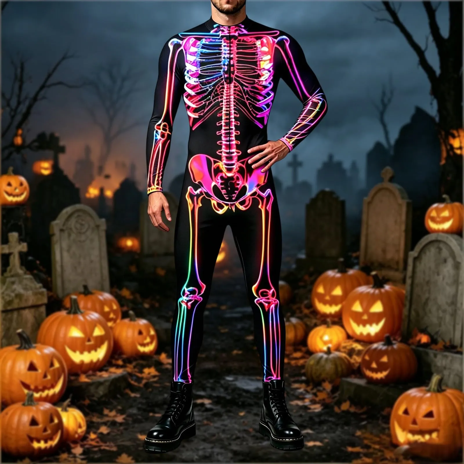 Vhersily Tuta da Donna Scheletro di Halloween Leggings Slim Fit Costume Cosplay 3D - immagine 2