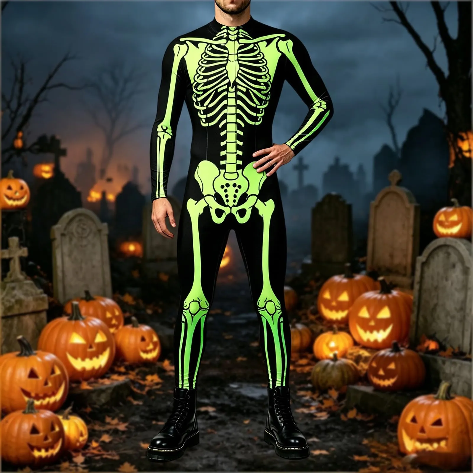 Vhersily Tuta da Donna Scheletro di Halloween con Leggings Stretti Slim Fit Costume Cosplay Stampato in 3D - immagine 2