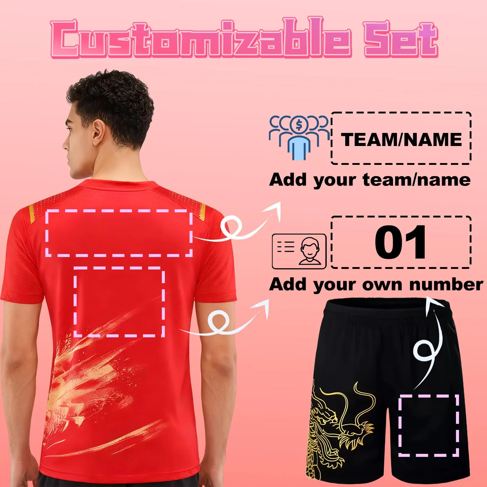 PSKJHN Completo Sportivo Ping Pong Personalizzabile Maglietta e Pantaloncini in Poliestere Traspirante Women Red, L - immagine 2