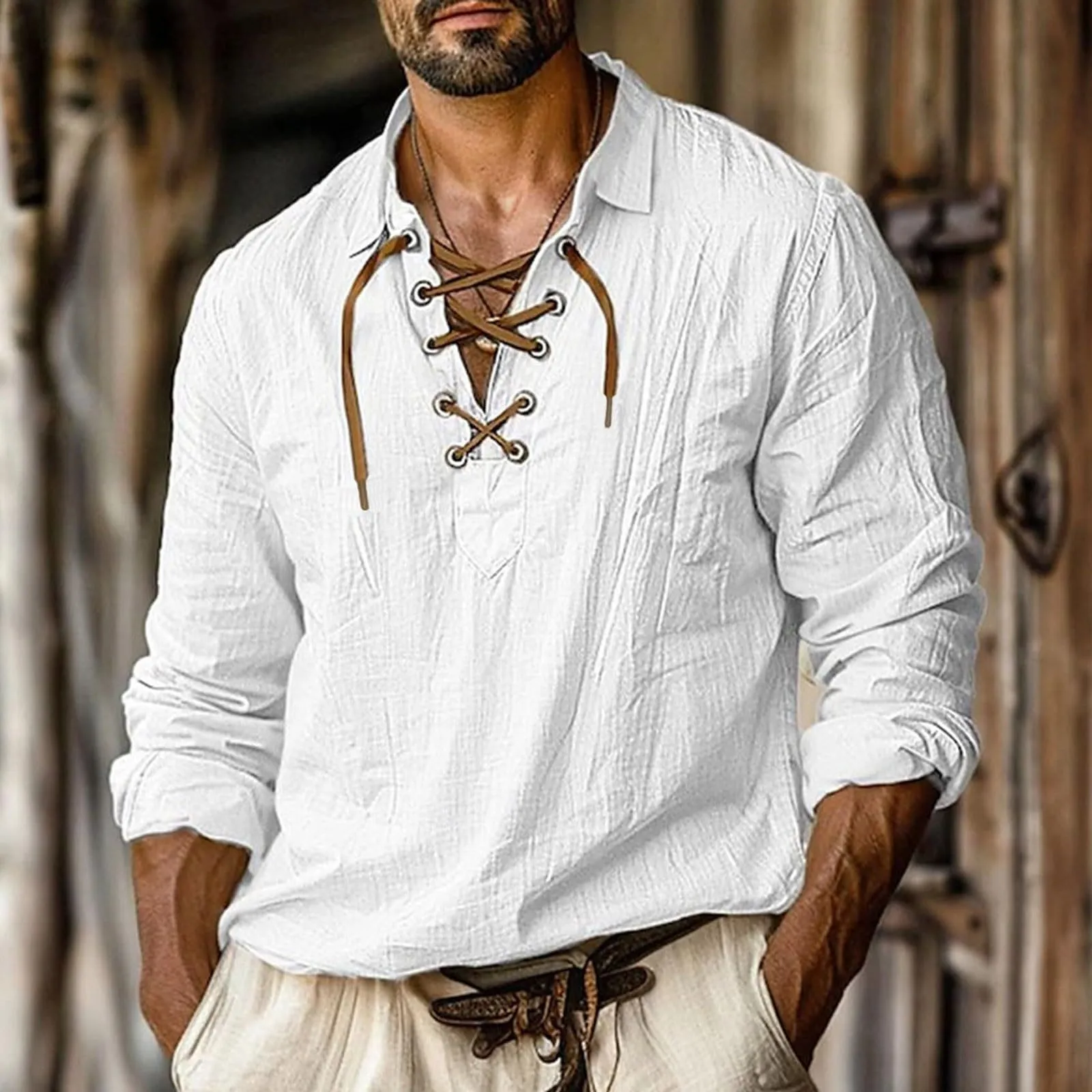 Duohropke Camicia in lino da uomo a maniche lunghe tinta unita, bianco, L - immagine 2