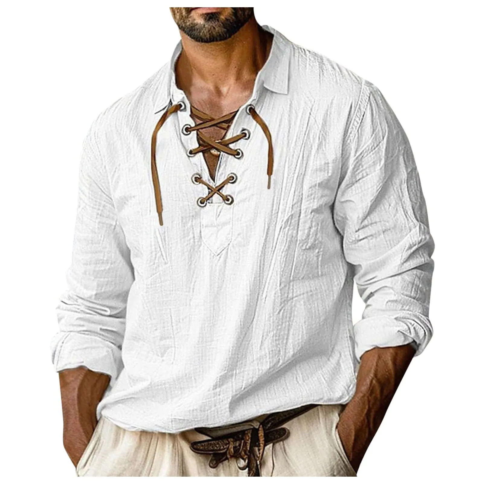 Duohropke Camicia in Lino da Uomo a Maniche Lunghe, Tinta Unita, 01 Bianco - immagine 1