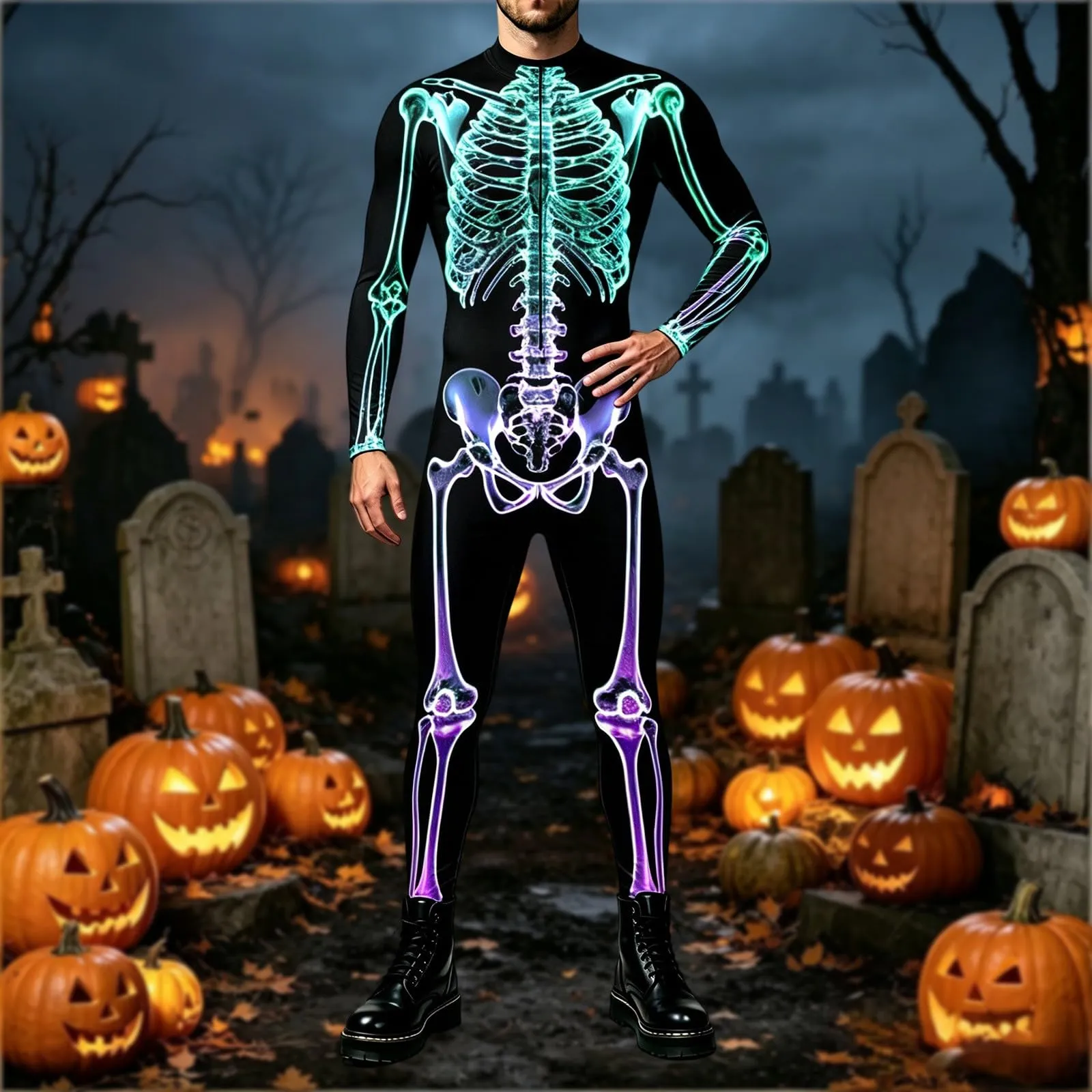 Vhersily Tuta da Donna con Stampa Scheletro 3D Costume Cosplay Halloween Leggings Stretti Slim Fit - immagine 2