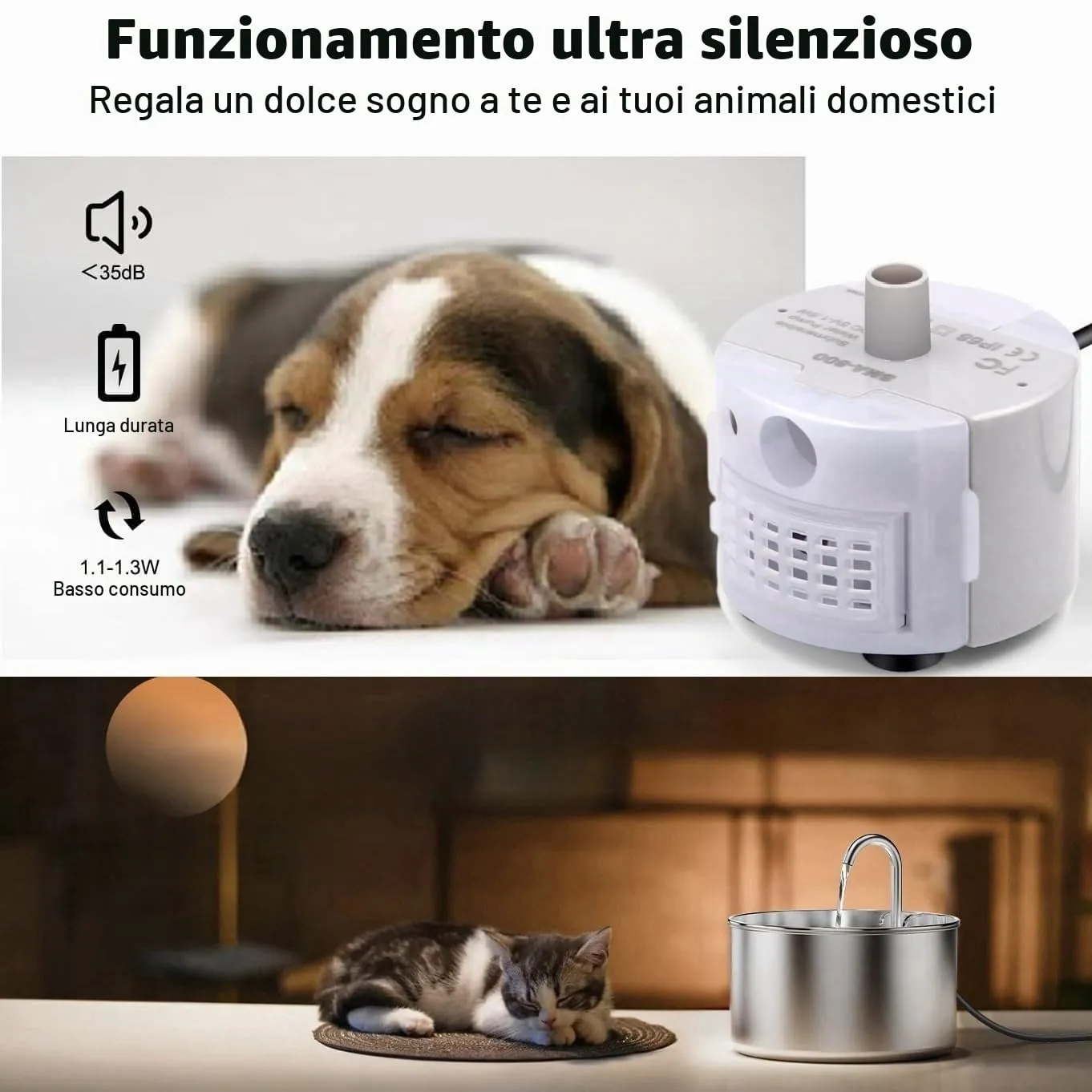 Bacxzomx Pompa Silenziosa per Fontana d'Acqua con LED USB per Gatti e Cani - immagine 2