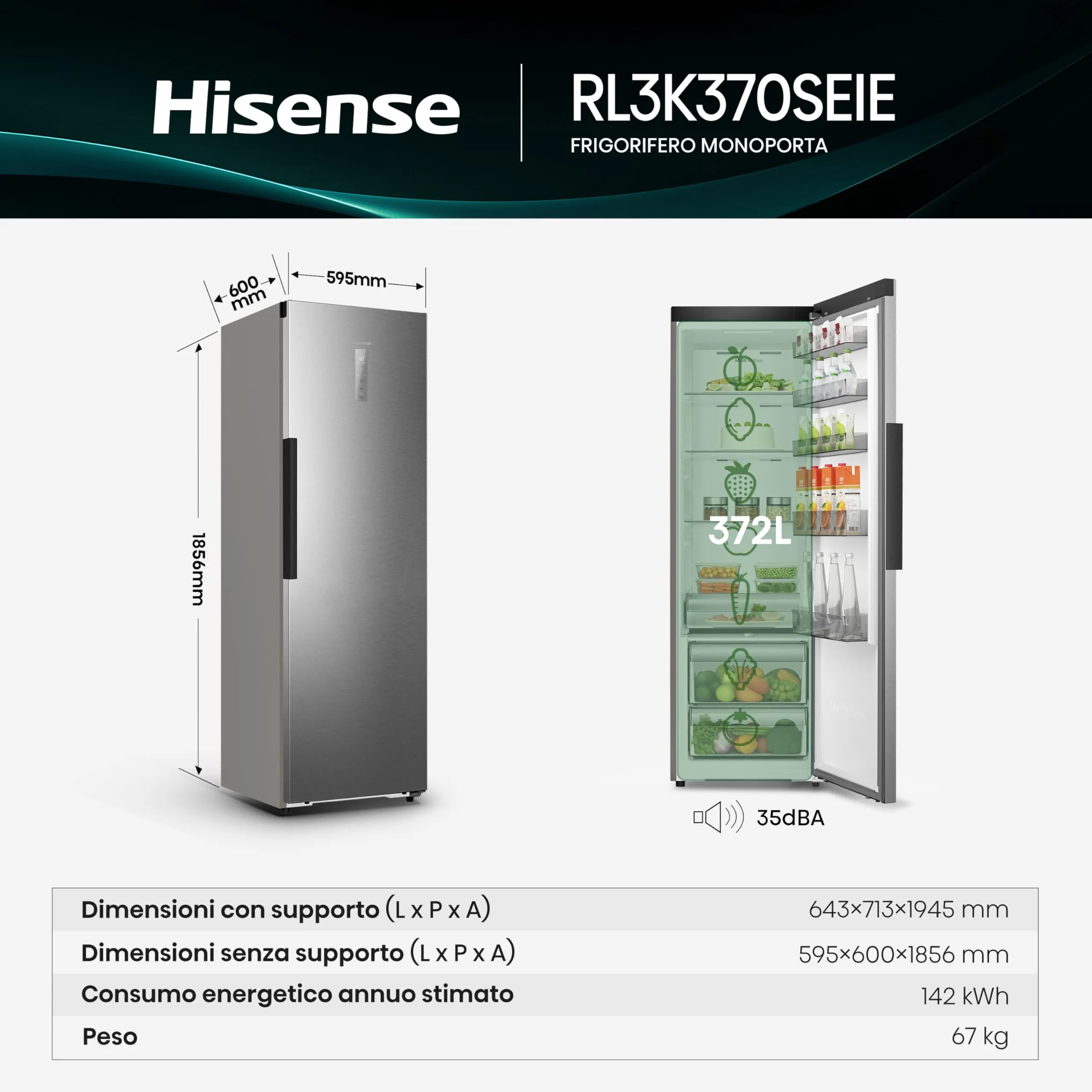 Hisense RL3K370SEIE Frigorifero Monoporta 372 Litri, Total No Frost, Wi-Fi, Classe E, Inox - immagine 2