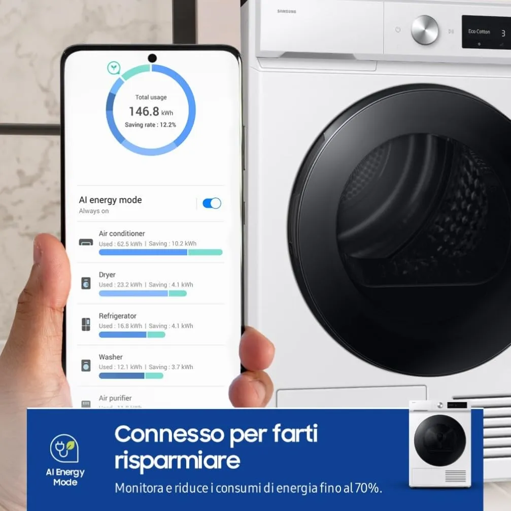 Samsung Bespoke AI Asciugatrice DV90DB7845GW/U3, 9 kg, Pompa di Calore, Wifi, Optimal Dry, Quick Drive, AI Control, 60x85x60 cm - immagine 2