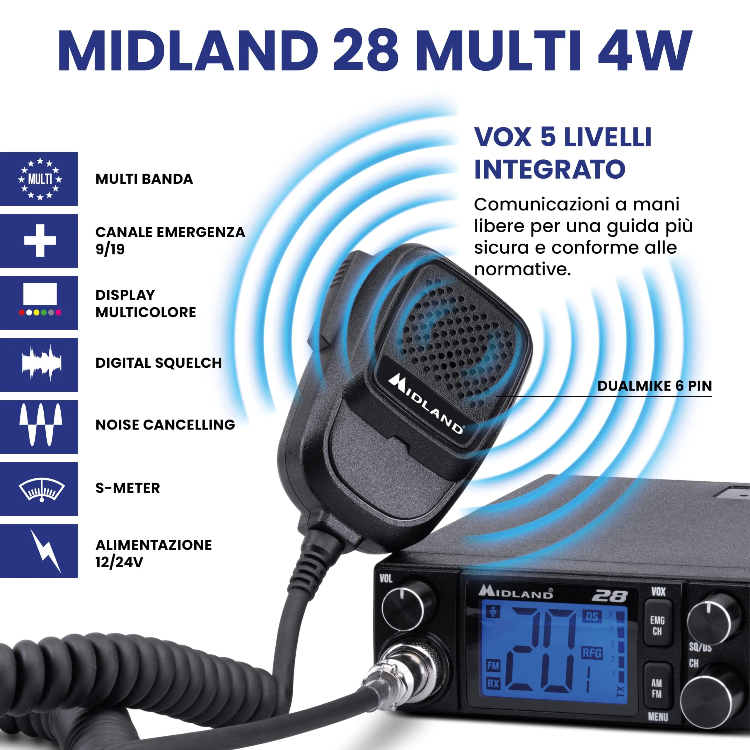 Midland 28 Radio CB Ricetrasmittente Display 2" 7 Toni Retroilluminazione - immagine 3