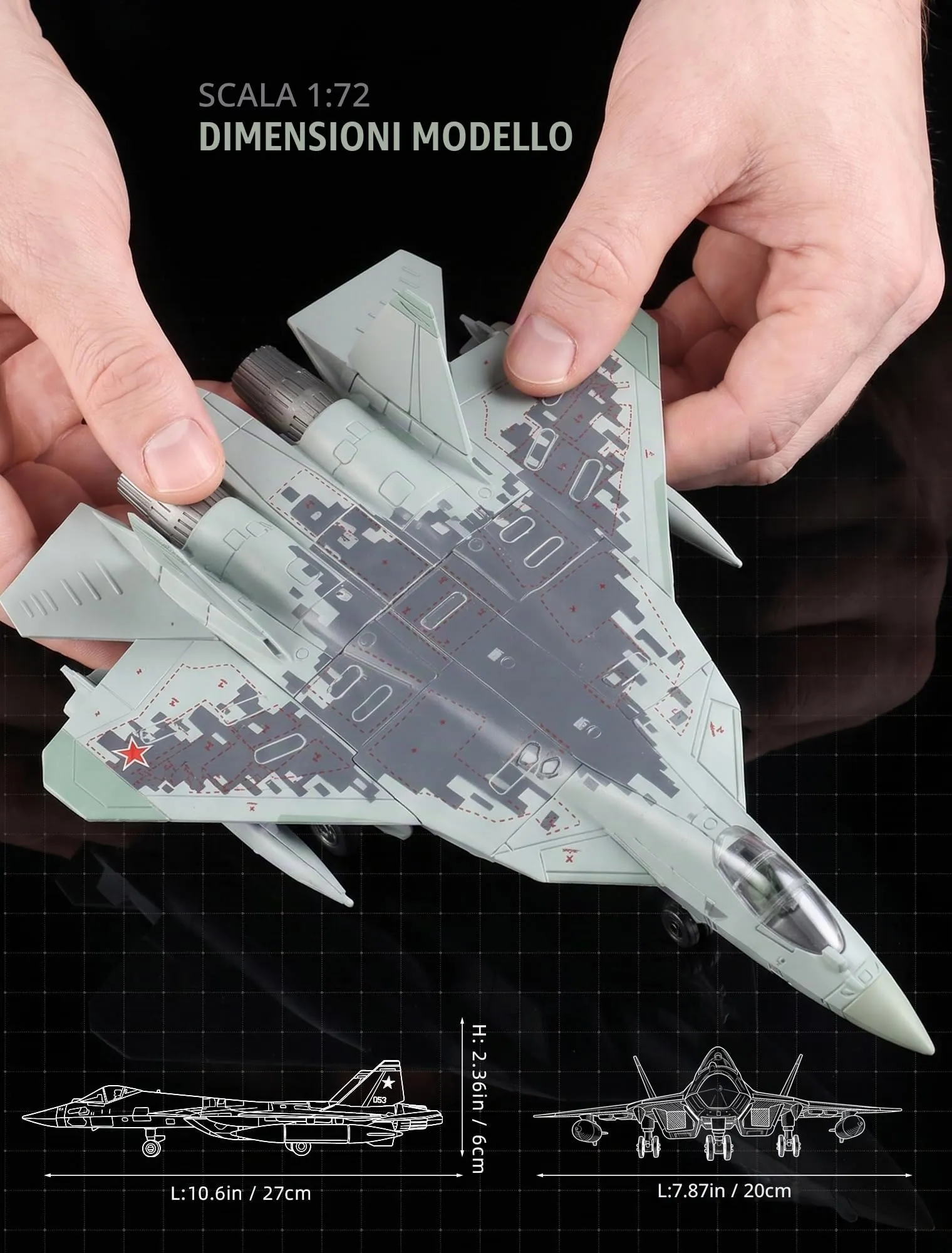 SEBUNAS Modellino Aereo da Caccia SU-57 in Plastica, Scala 1:72, 31 Pezzi con Supporto - immagine 2