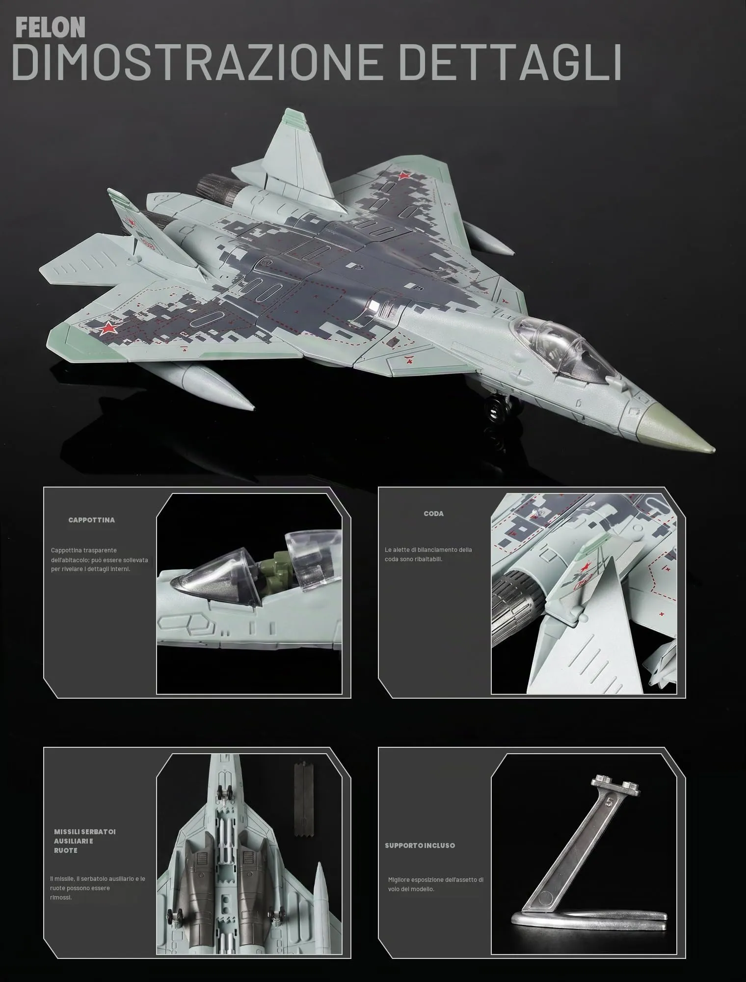 SEBUNAS Modellino Aereo da Caccia SU-57 in Plastica, Scala 1:72, 31 Pezzi con Supporto - immagine 4