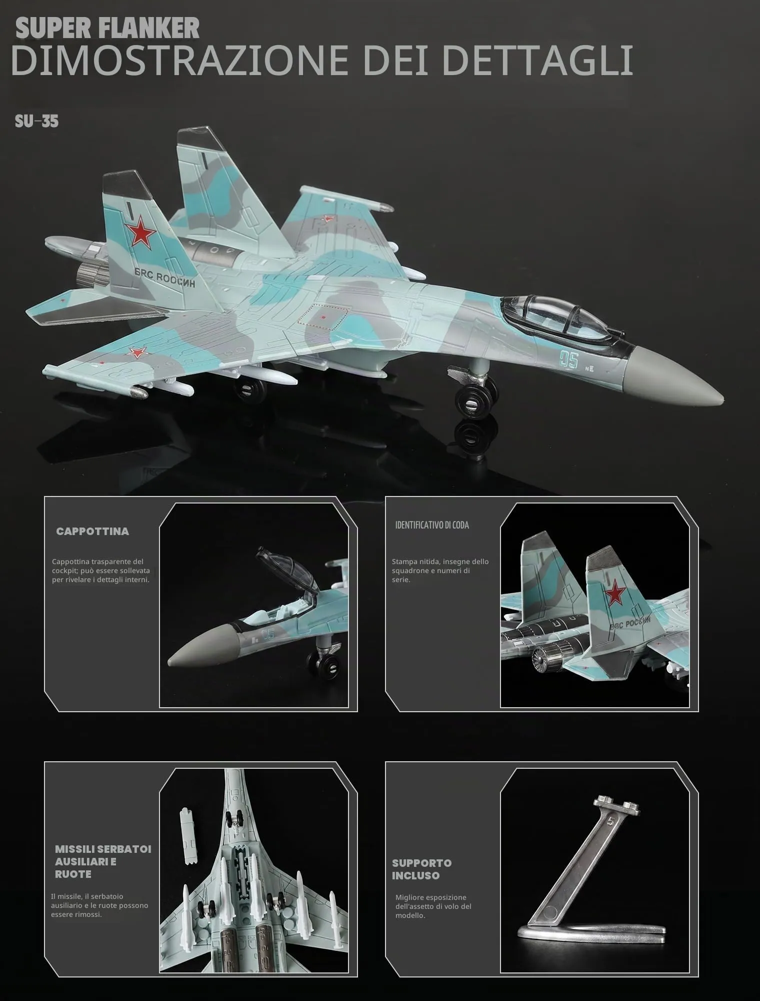 SEBUNAS Kit Modello di Aereo da Caccia SU-35S in Scala 1:100 in Plastica, 25 Pezzi - immagine 4