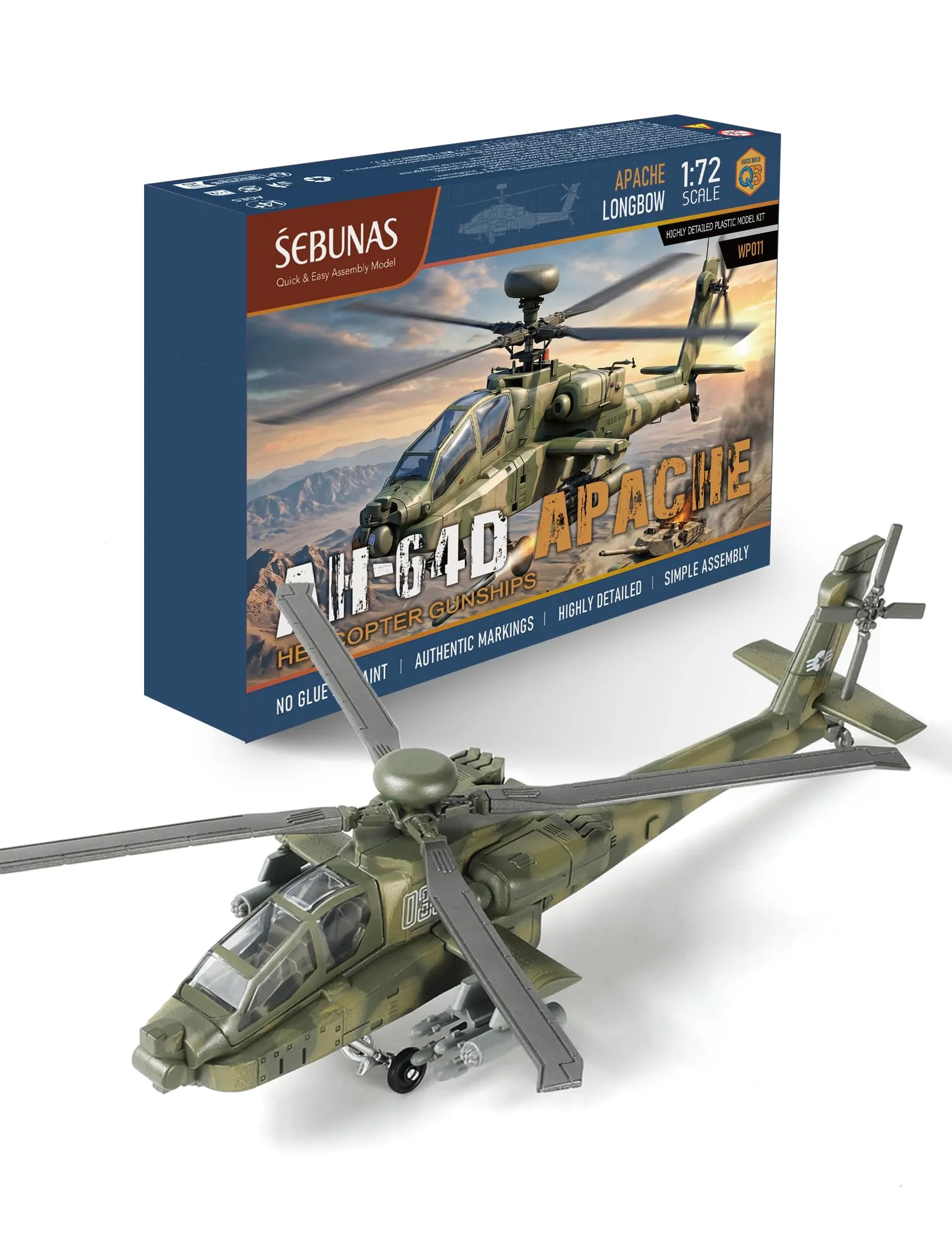 SEBUNAS Kit Modellino Elicottero AH-64 Apache in Plastica, Scala 1:72, 25 Pezzi - immagine 1