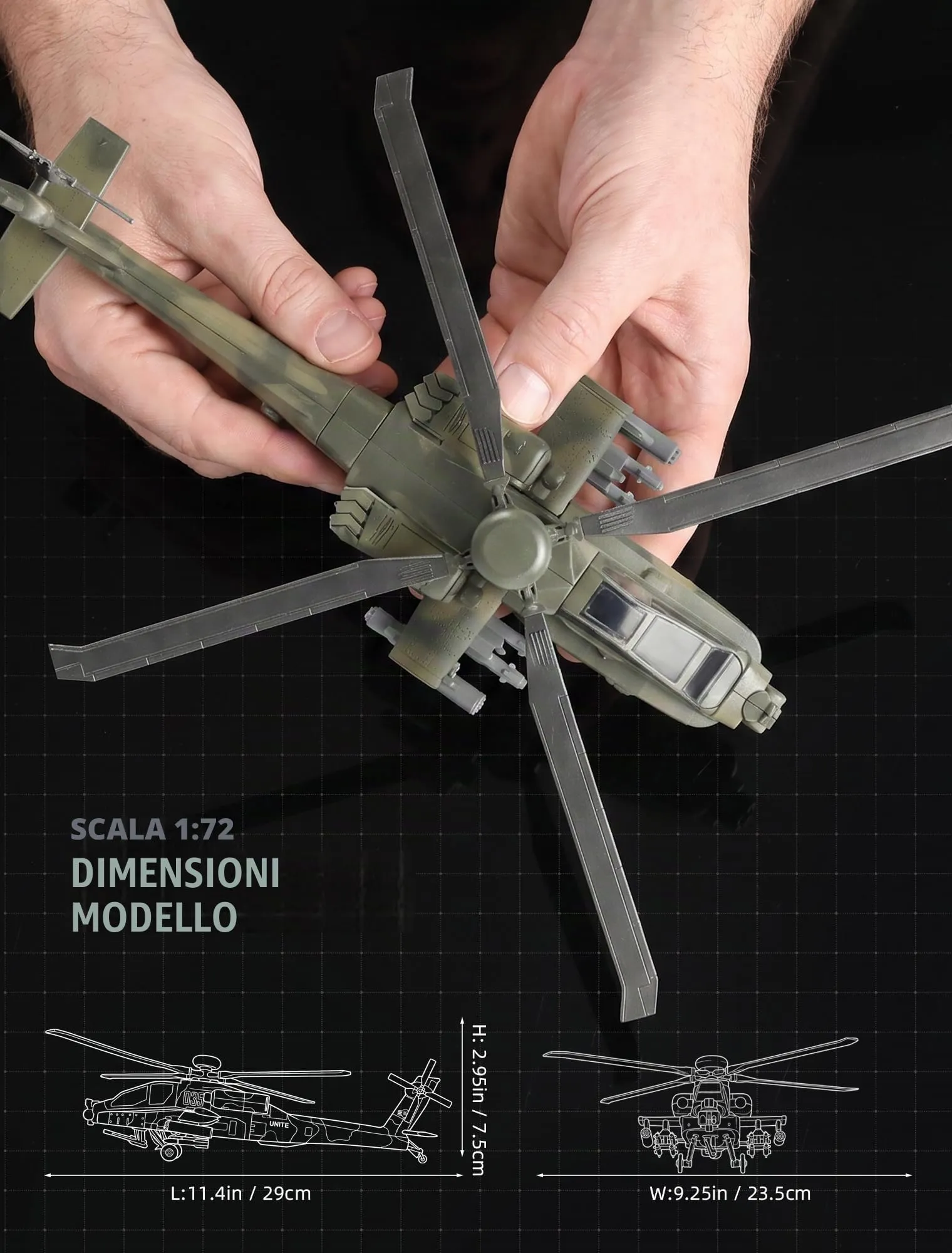 SEBUNAS Kit Modellino Elicottero AH-64 Apache in Plastica, Scala 1:72, 25 Pezzi - immagine 2