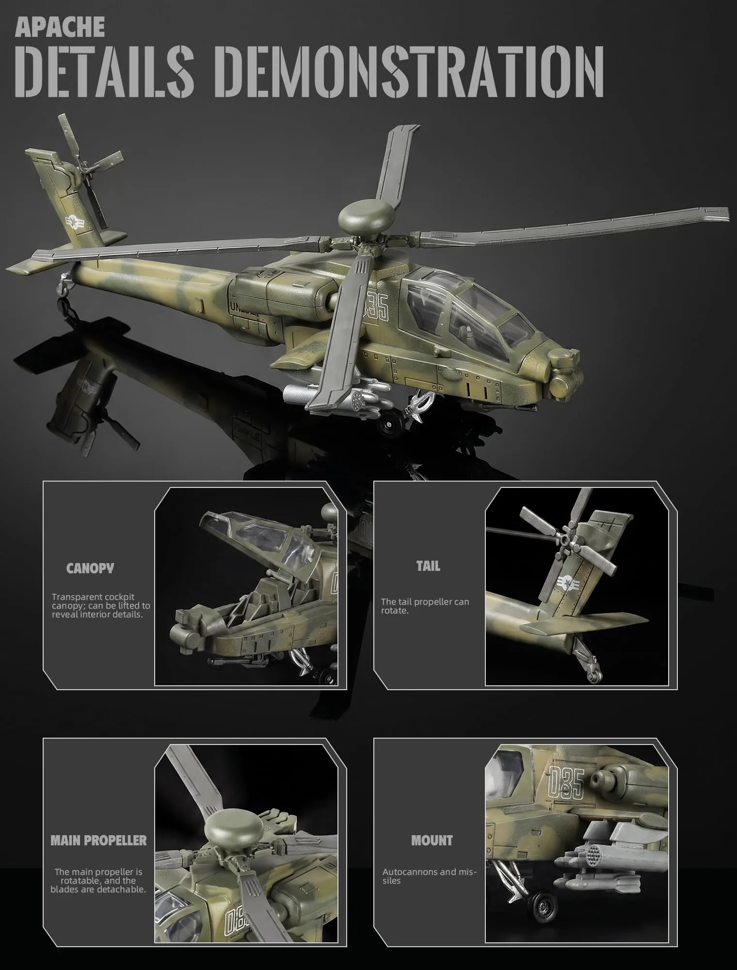 SEBUNAS Kit Modellino Elicottero AH-64 Apache in Plastica, Scala 1:72, 25 Pezzi - immagine 4