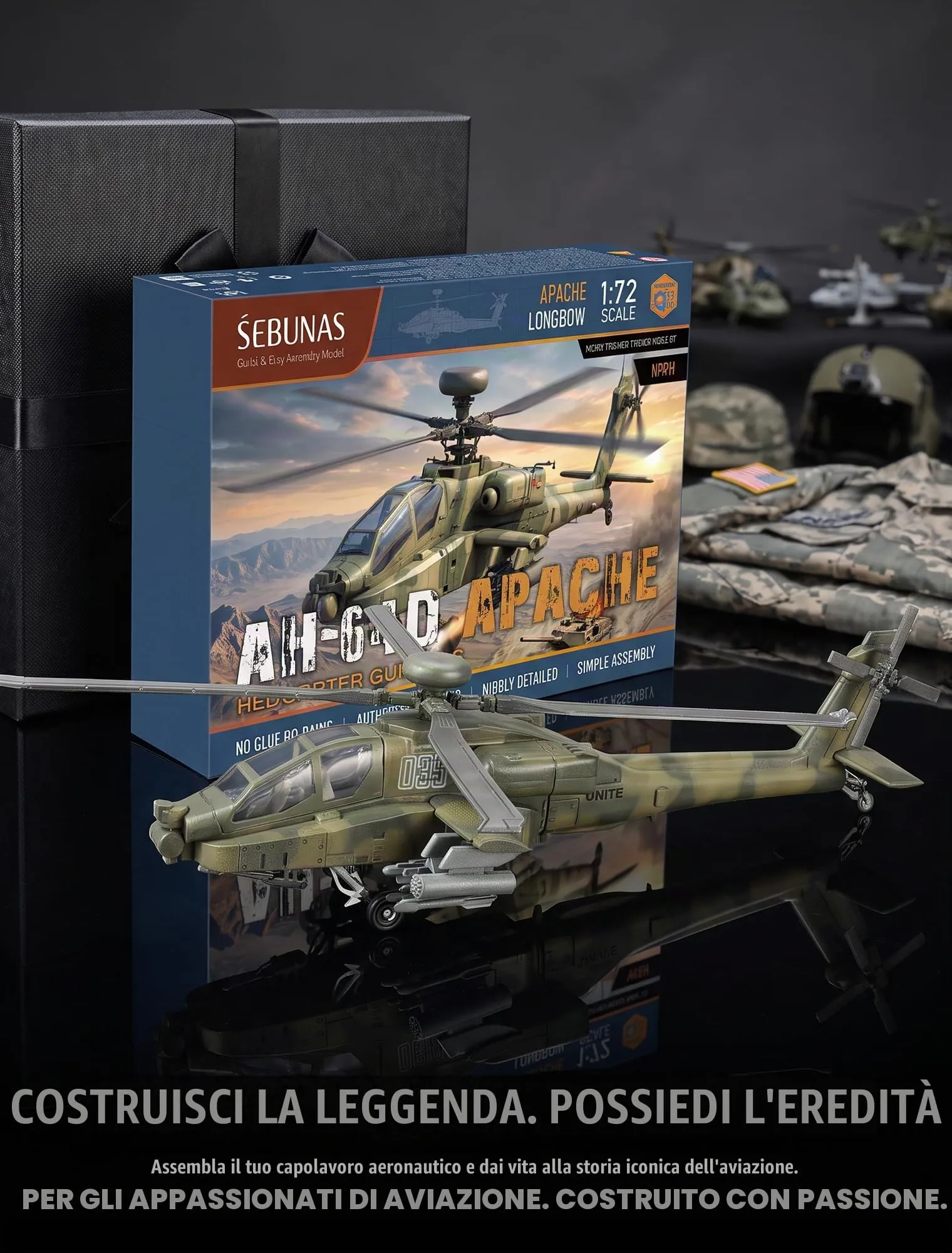 SEBUNAS Kit Modellino Elicottero AH-64 Apache in Plastica, Scala 1:72, 25 Pezzi - immagine 6
