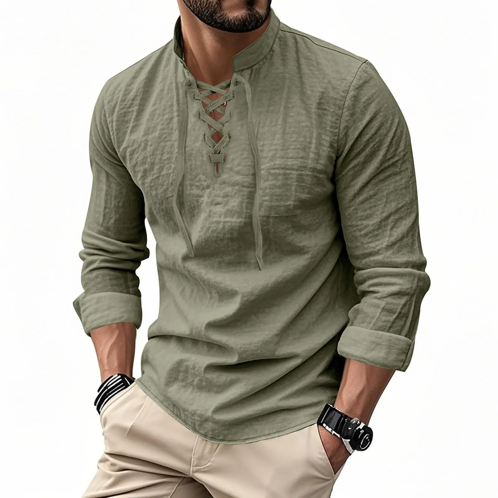 Duohropke Camicia da Uomo in Lino a Maniche Lunghe Stile Ghillie Kilt Tinta Unita - immagine 1