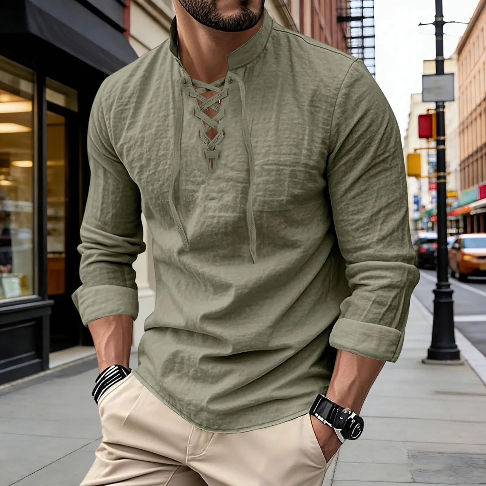 Duohropke Camicia da Uomo in Lino a Maniche Lunghe Stile Ghillie Kilt Tinta Unita - immagine 2