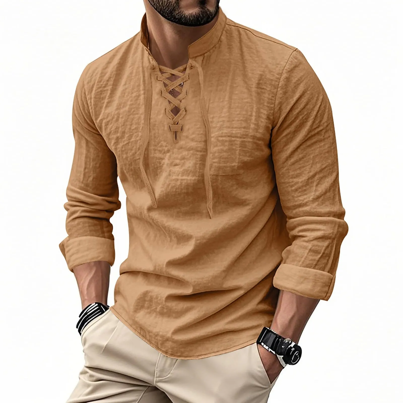 Duohropke Camicia da uomo in lino a maniche lunghe stile Ghillie Kilt tinta unita - immagine 1