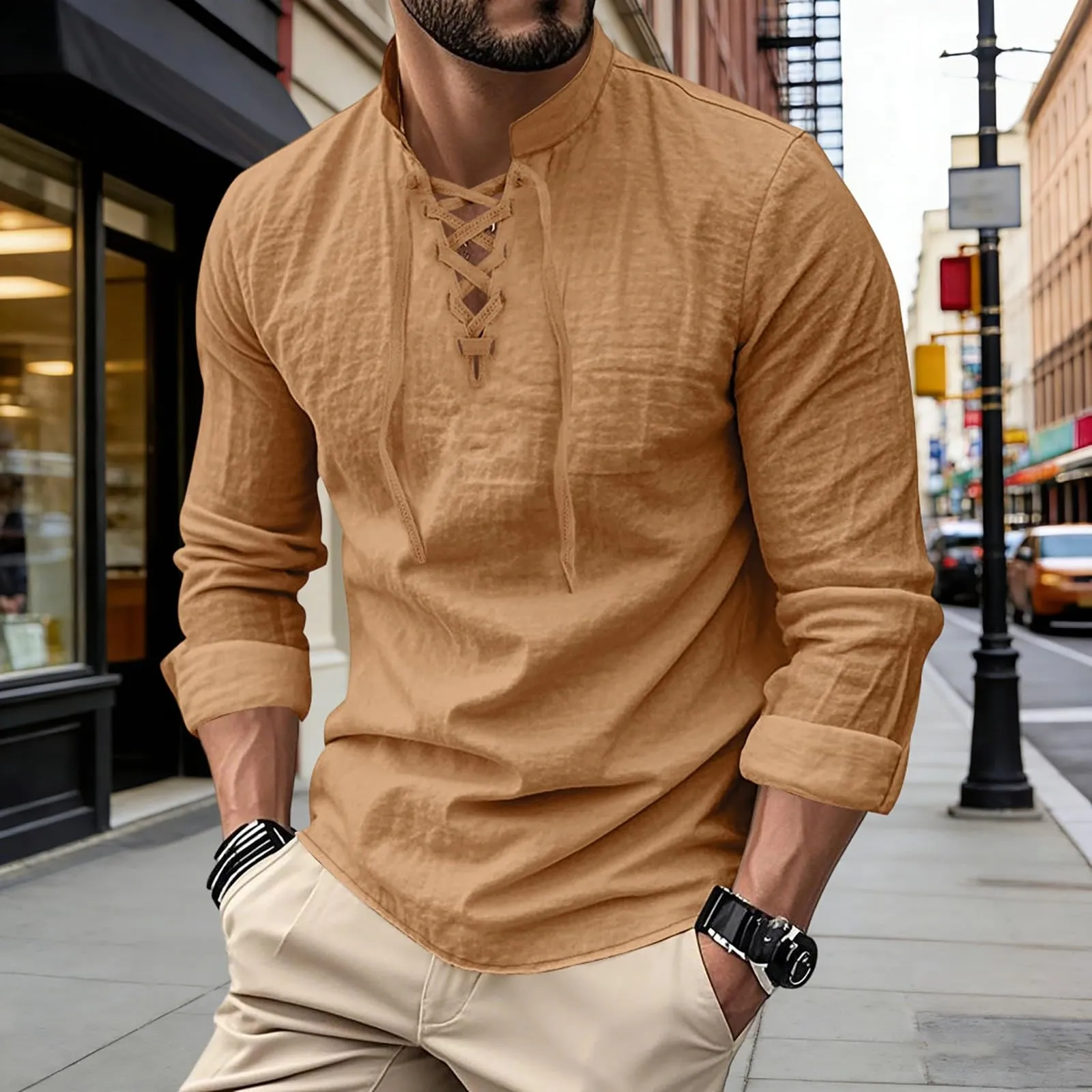Duohropke Camicia da uomo in lino a maniche lunghe stile Ghillie Kilt tinta unita - immagine 2