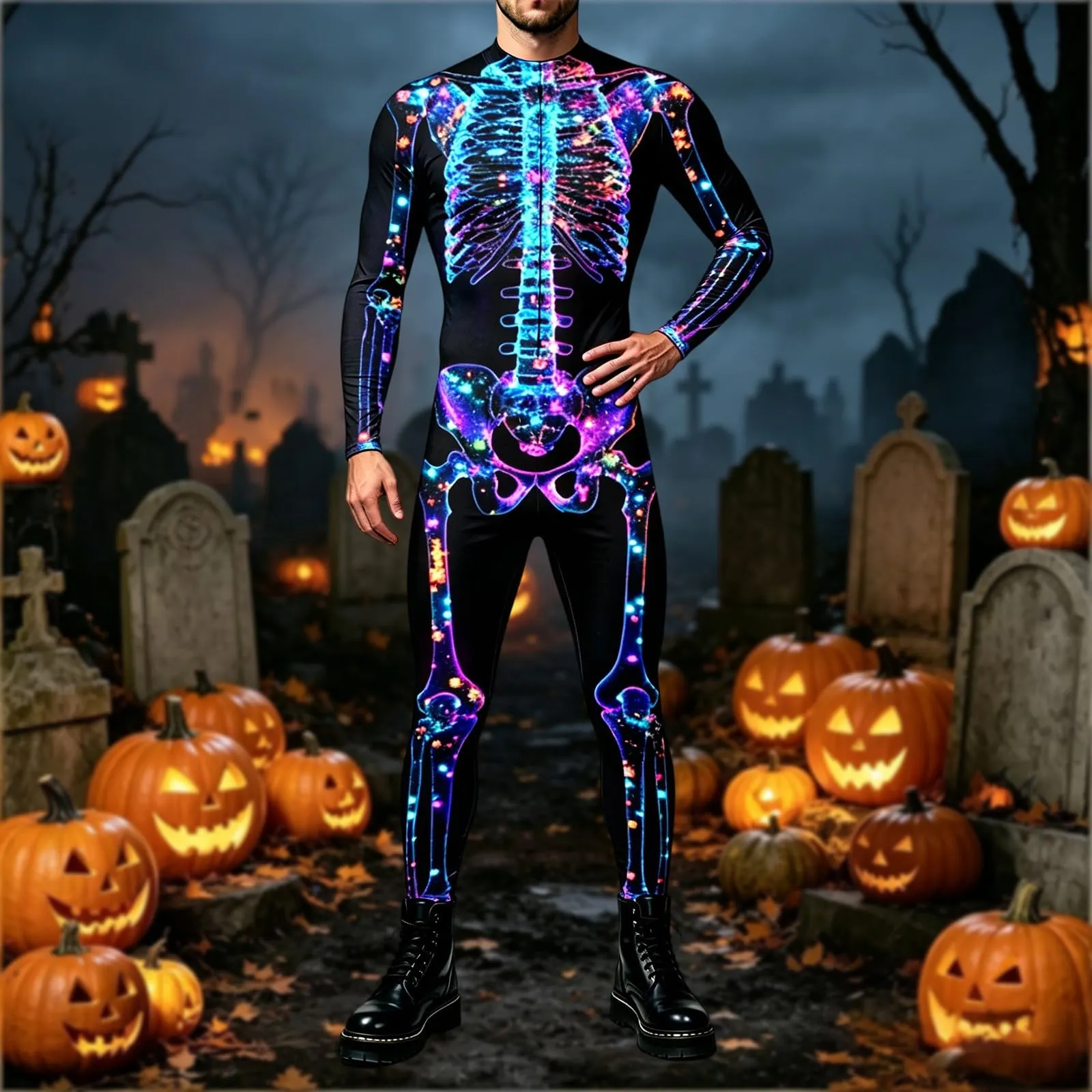 Vhersily Tuta da Donna Scheletro di Halloween Leggings Slim Fit Costume Cosplay 3D - immagine 2