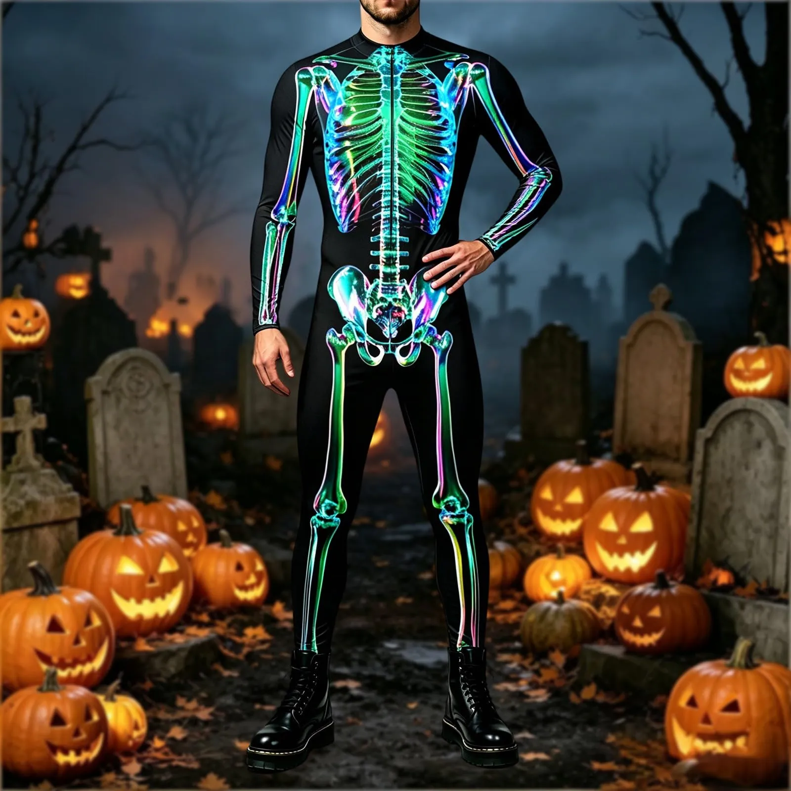 Vhersily Tuta da Donna Scheletro di Halloween Leggings Slim Fit Costume Cosplay Stampa 3D - immagine 2